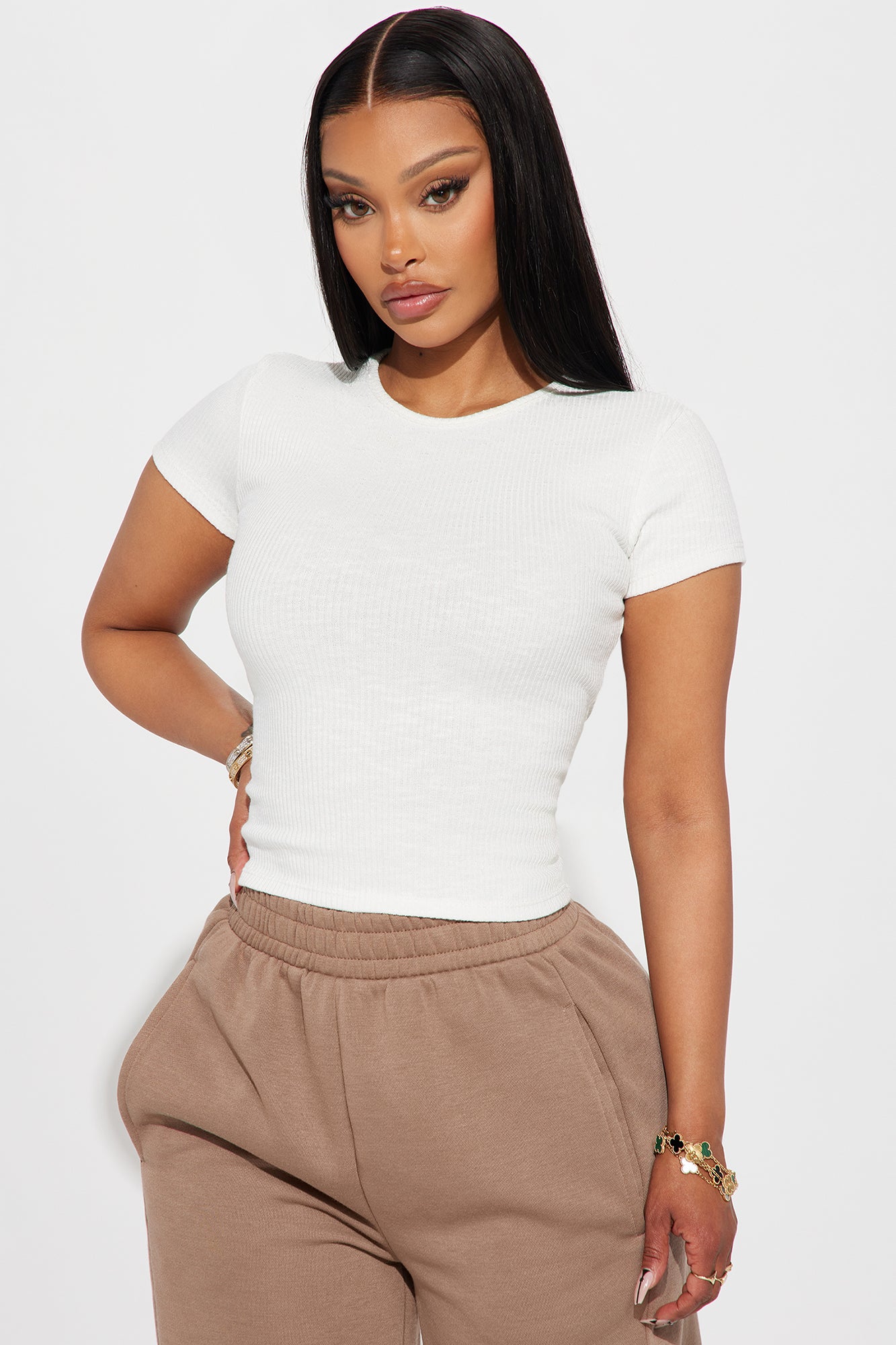 Rachel Ribbed Short Sleeve Tee - White