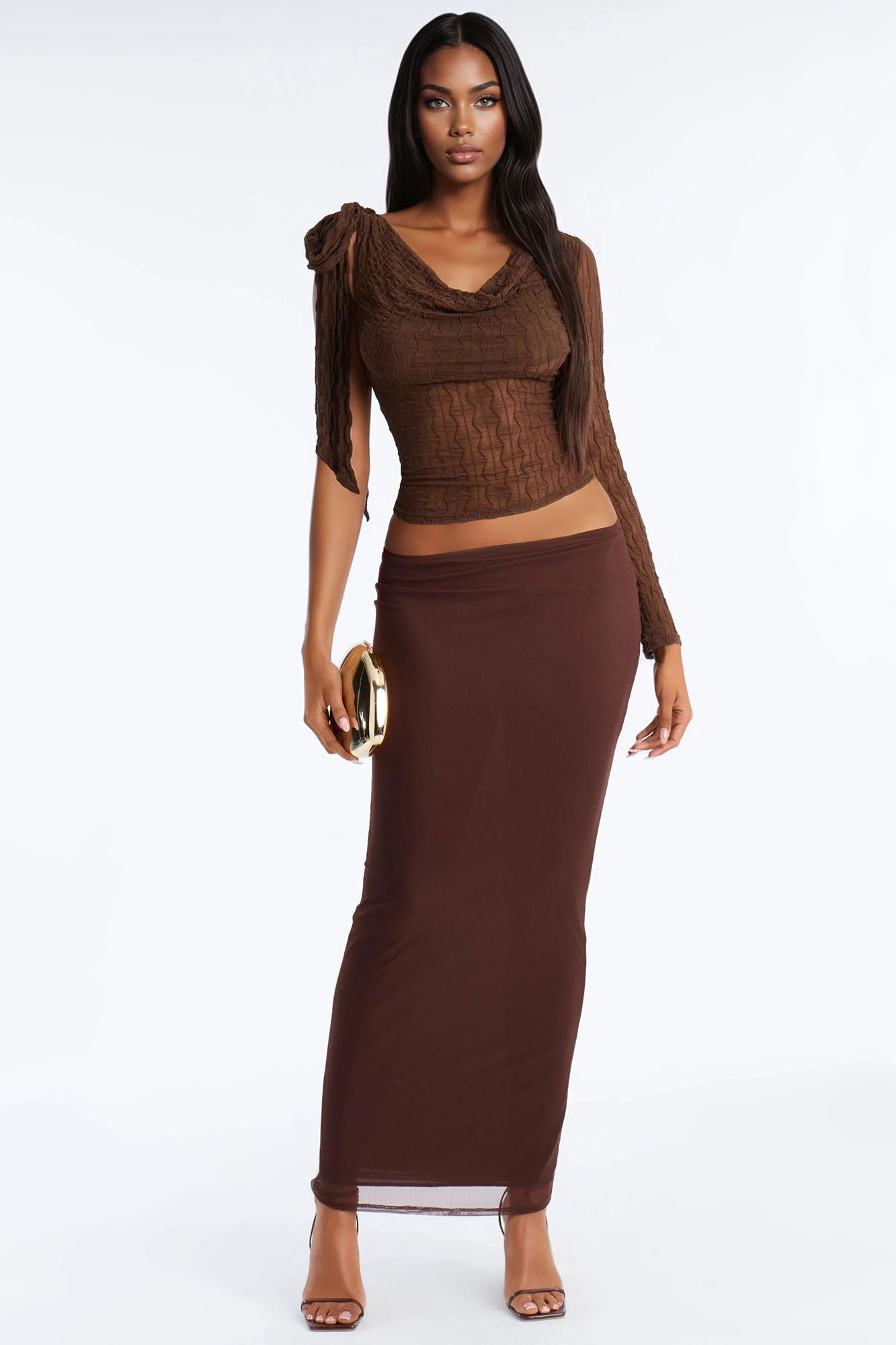 Heirloom Grace Textured Cowl Neck Long Sleeve Top - Brown