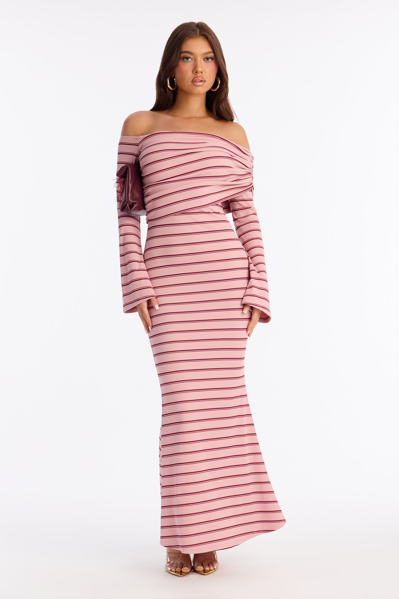 On The Daily Off Shoulder Ribbed Maxi Dress - Mauve/combo