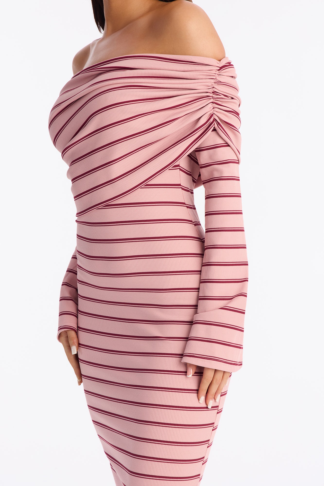On The Daily Off Shoulder Ribbed Maxi Dress - Mauve/combo