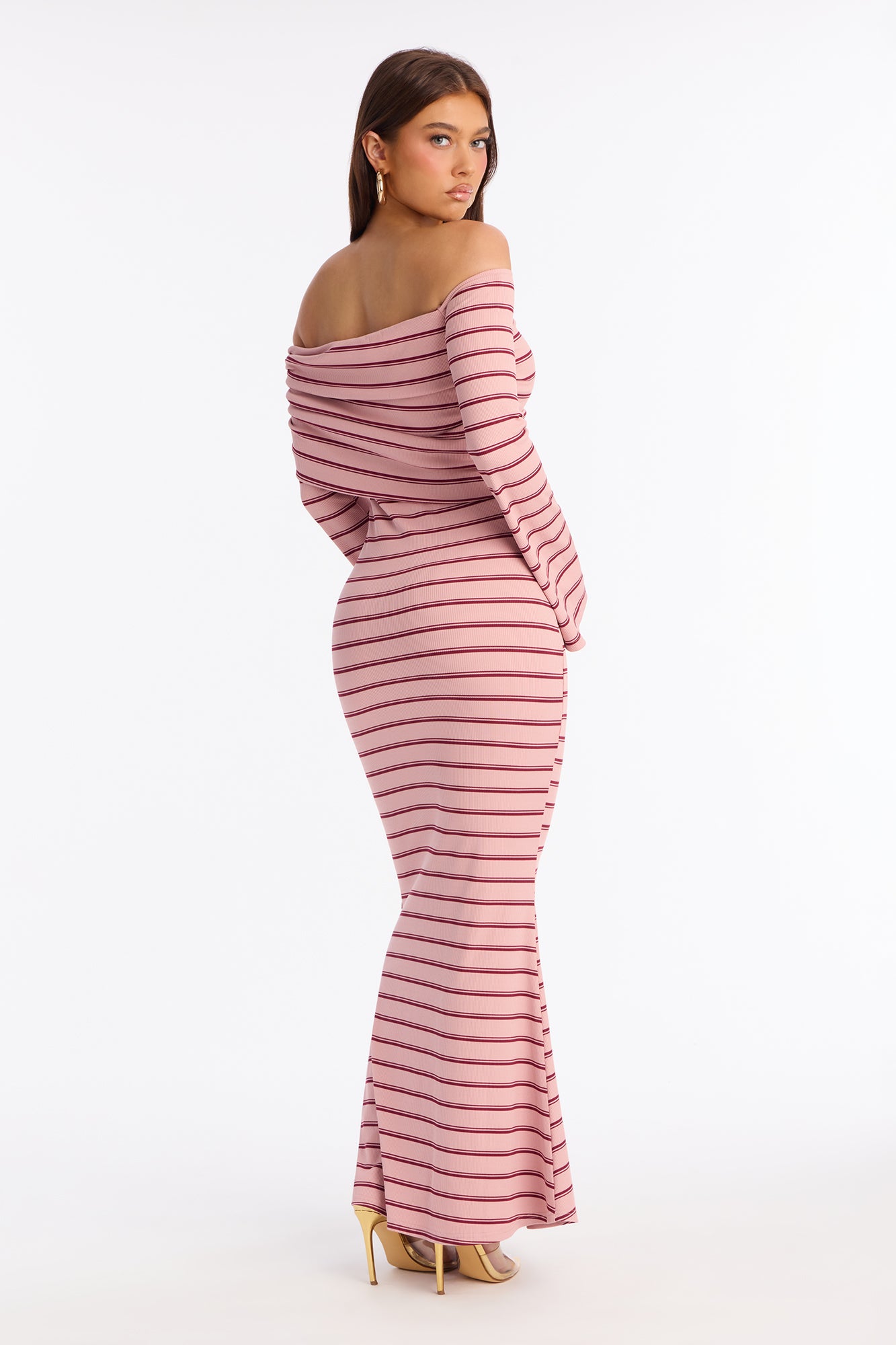 On The Daily Off Shoulder Ribbed Maxi Dress - Mauve/combo