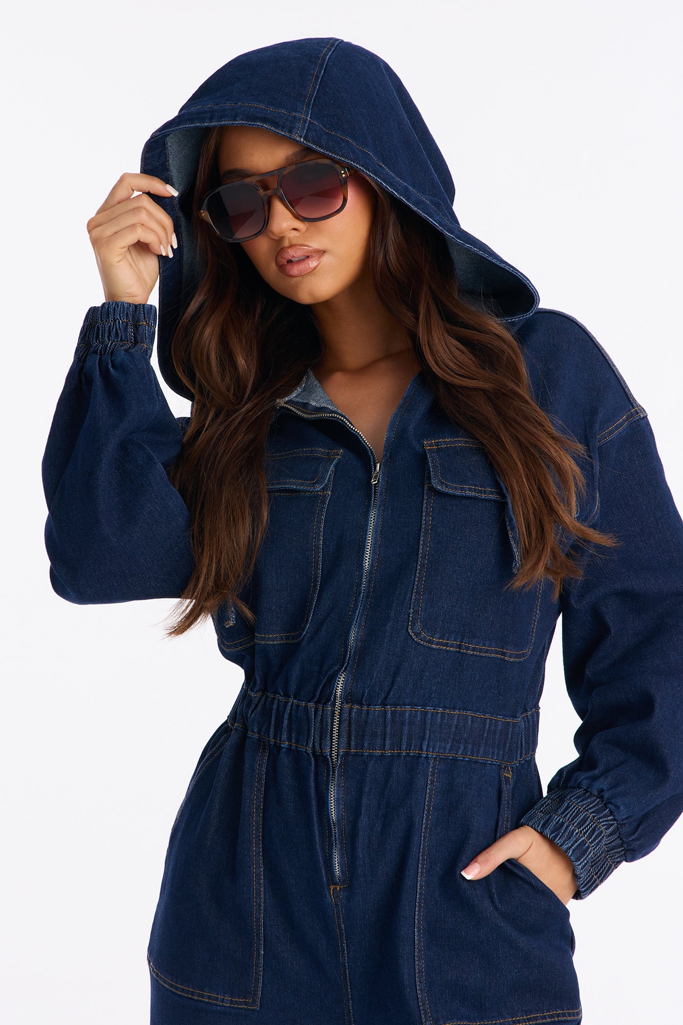 Faye Hooded Denim Jumpsuit - Dark Wash