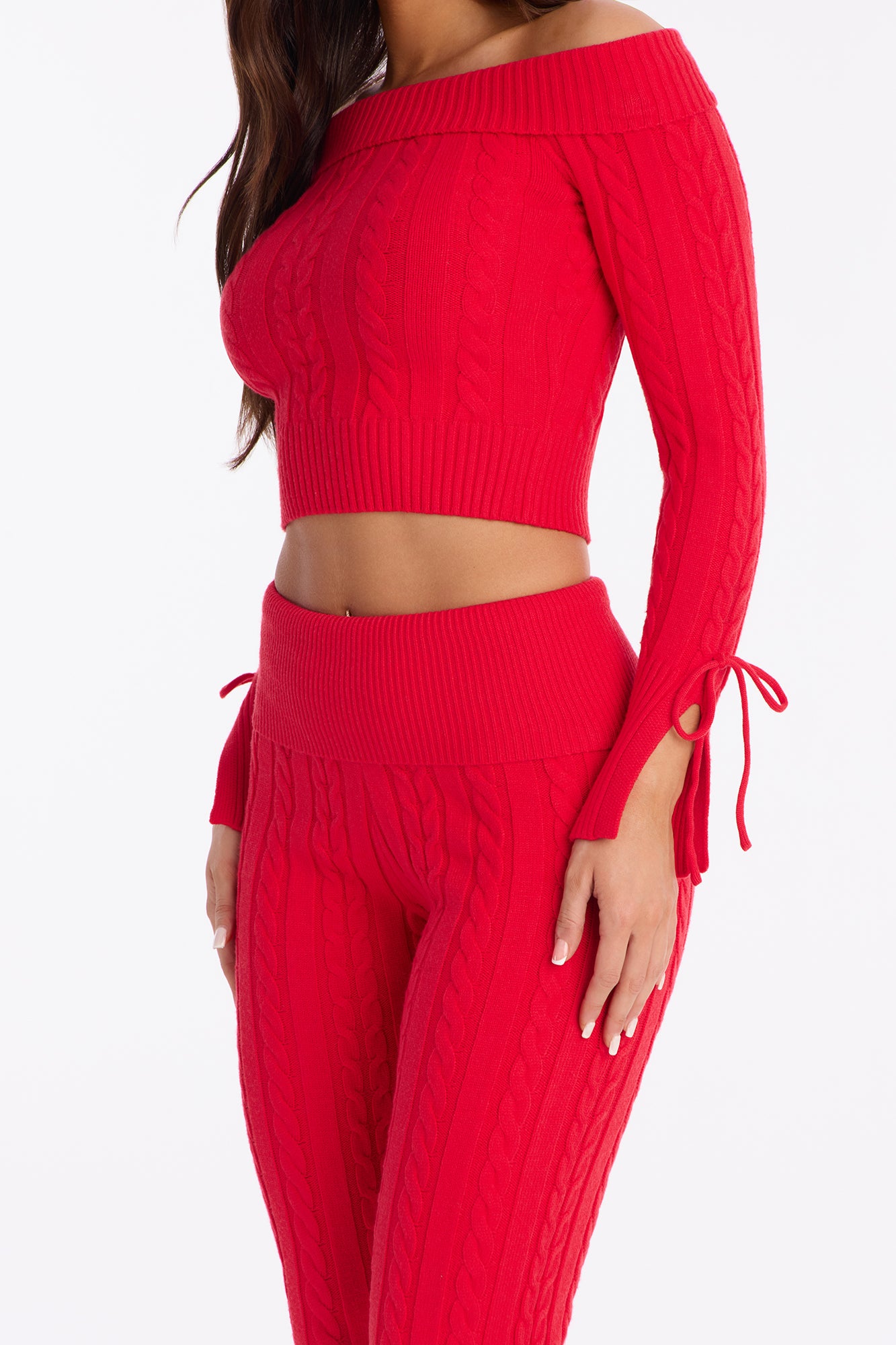 Mikayla Off Shoulder Sweater Pant Set - Red