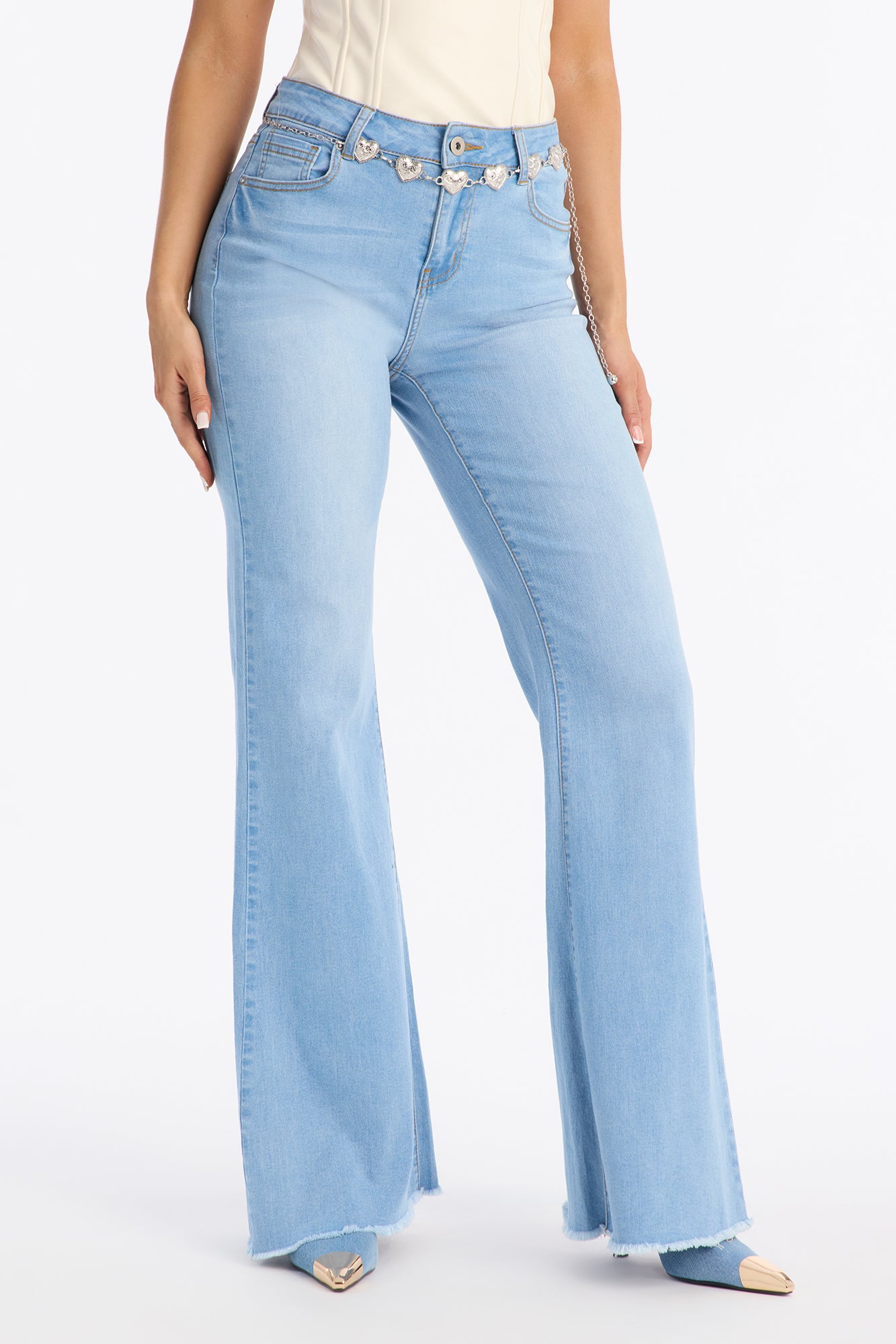 Stole My Heart Belted Soft Stretch Wide Leg Jeans - Light Wash
