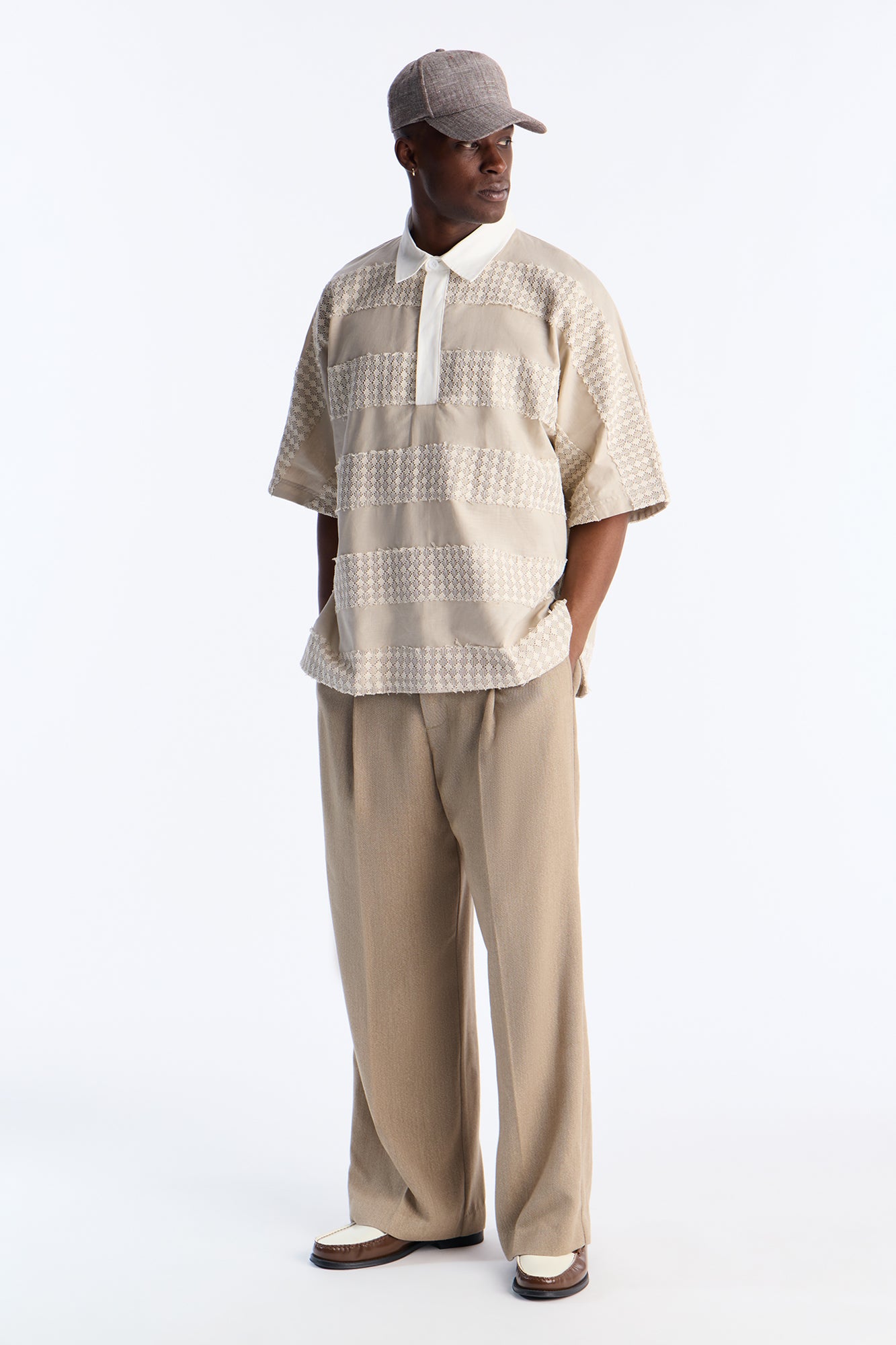 Oversized Net Motion Crochet Polo Shirt - Tan