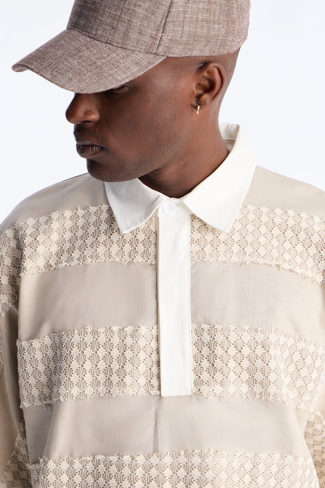 Oversized Net Motion Crochet Polo Shirt - Tan