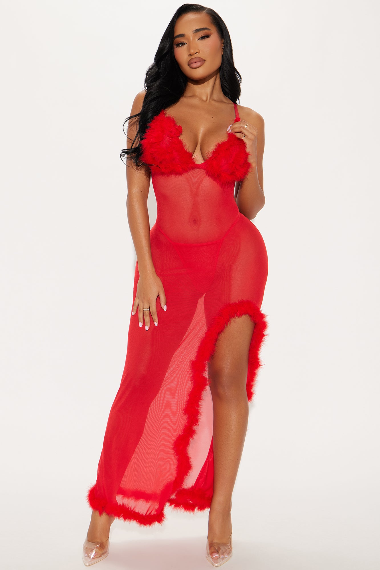Sweet Lust Feather Maxi Gown Babydoll - Red
