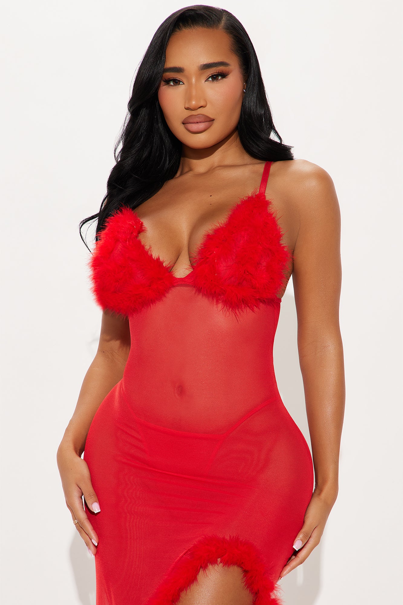 Sweet Lust Feather Maxi Gown Babydoll - Red