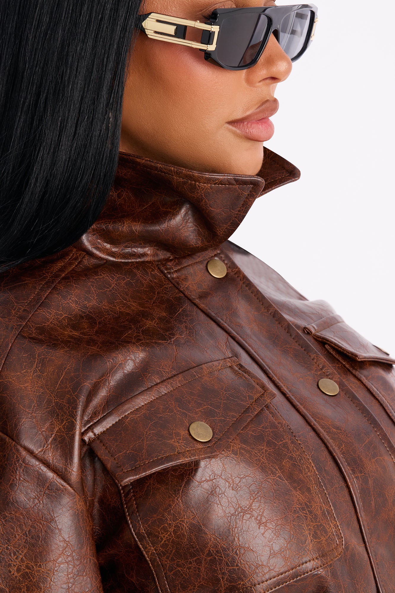 Solene Washed Faux Leather Trucker Jacket - Brown