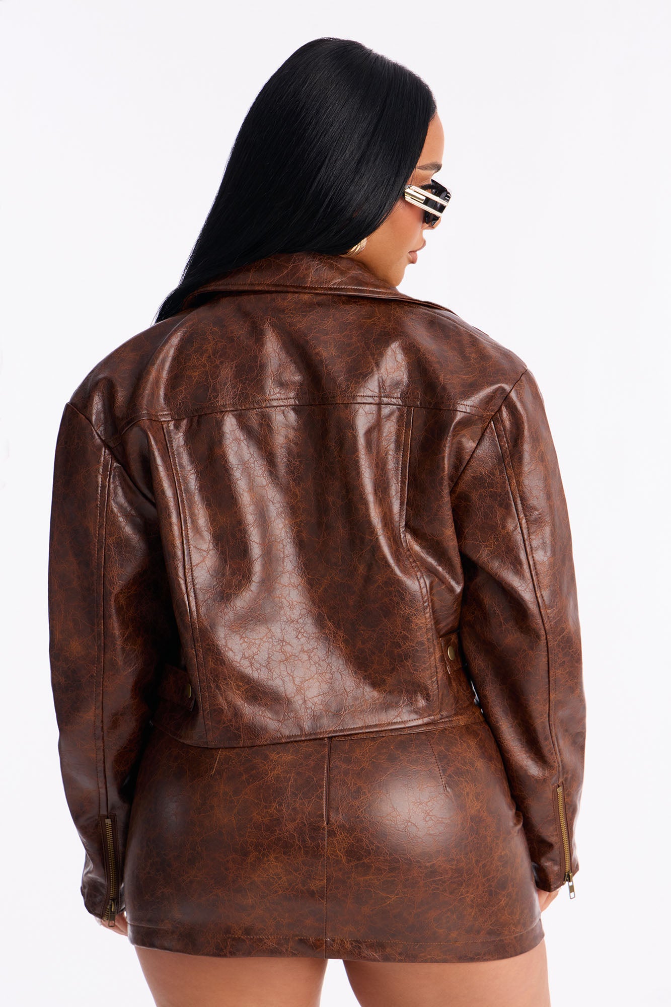 Solene Washed Faux Leather Trucker Jacket - Brown