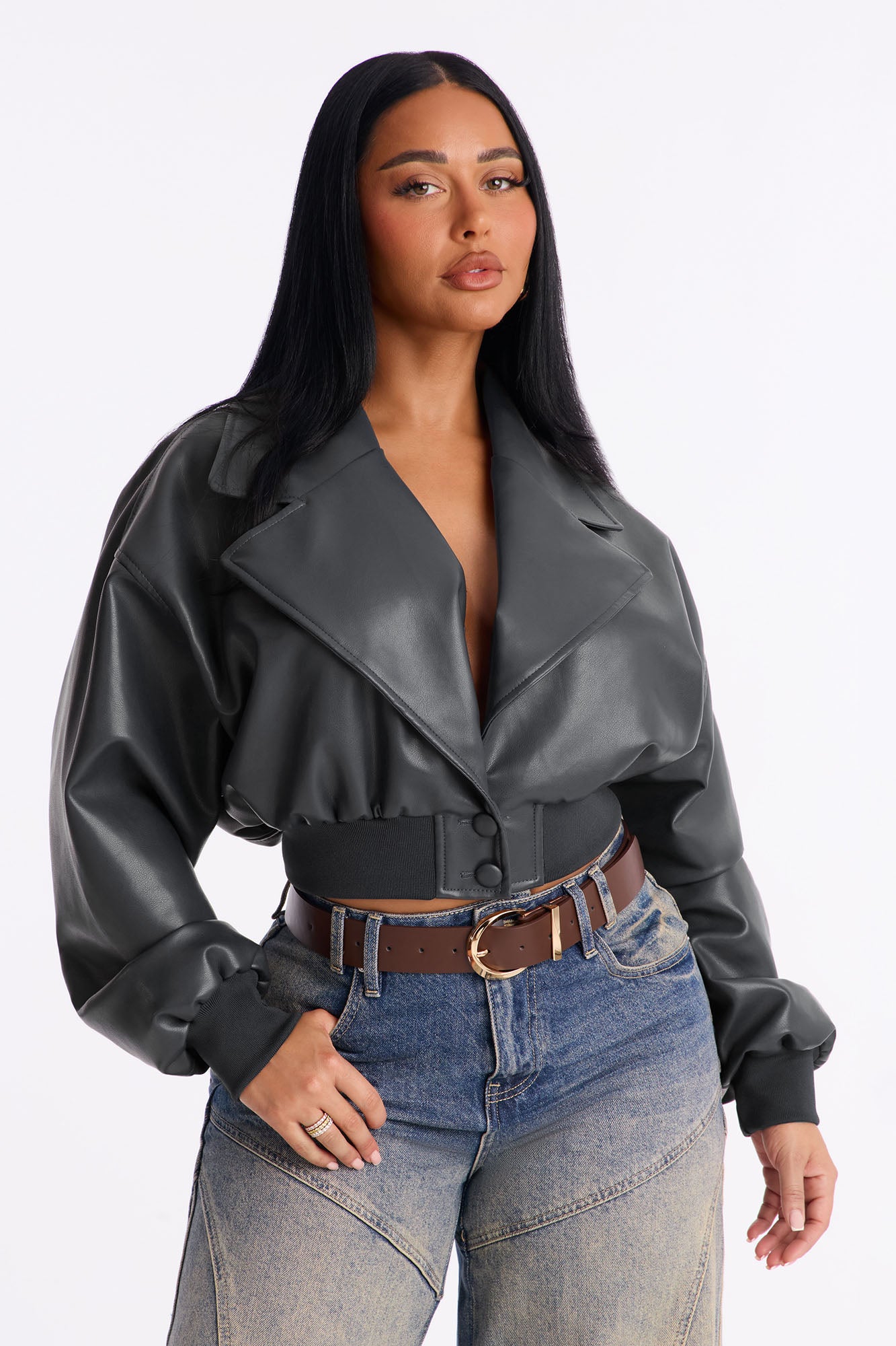 Janet Cropped Faux Leather Moto Jacket - Charcoal