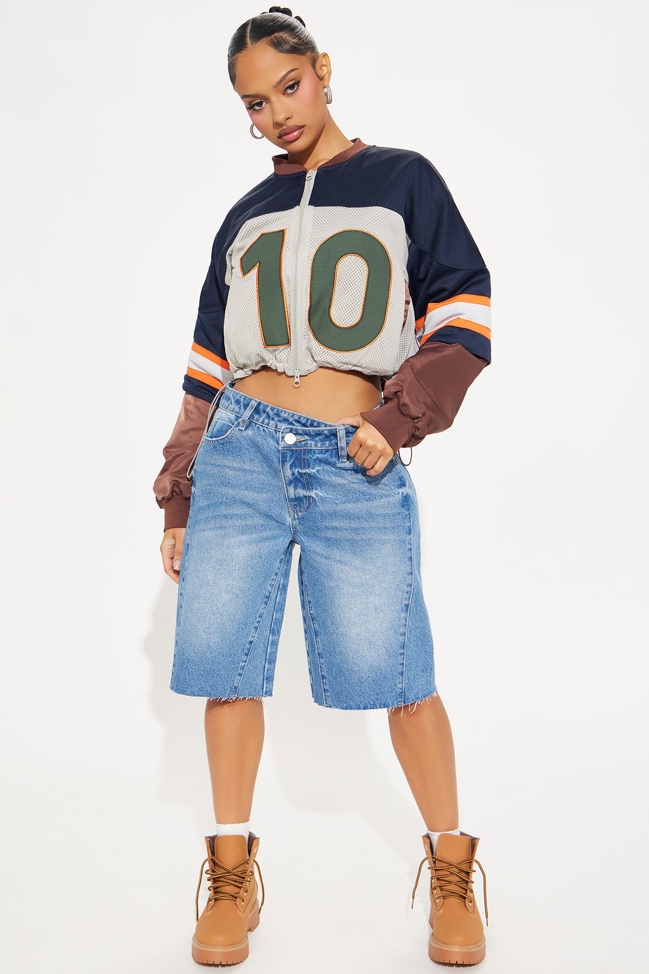 Carryn Non Stretch Crossover Waistband Denim Jorts - Medium Wash