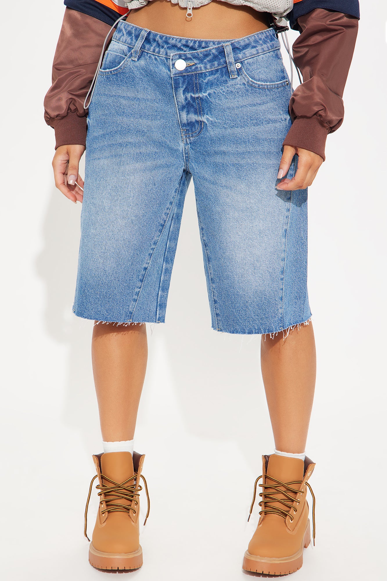 Carryn Non Stretch Crossover Waistband Denim Jorts - Medium Wash
