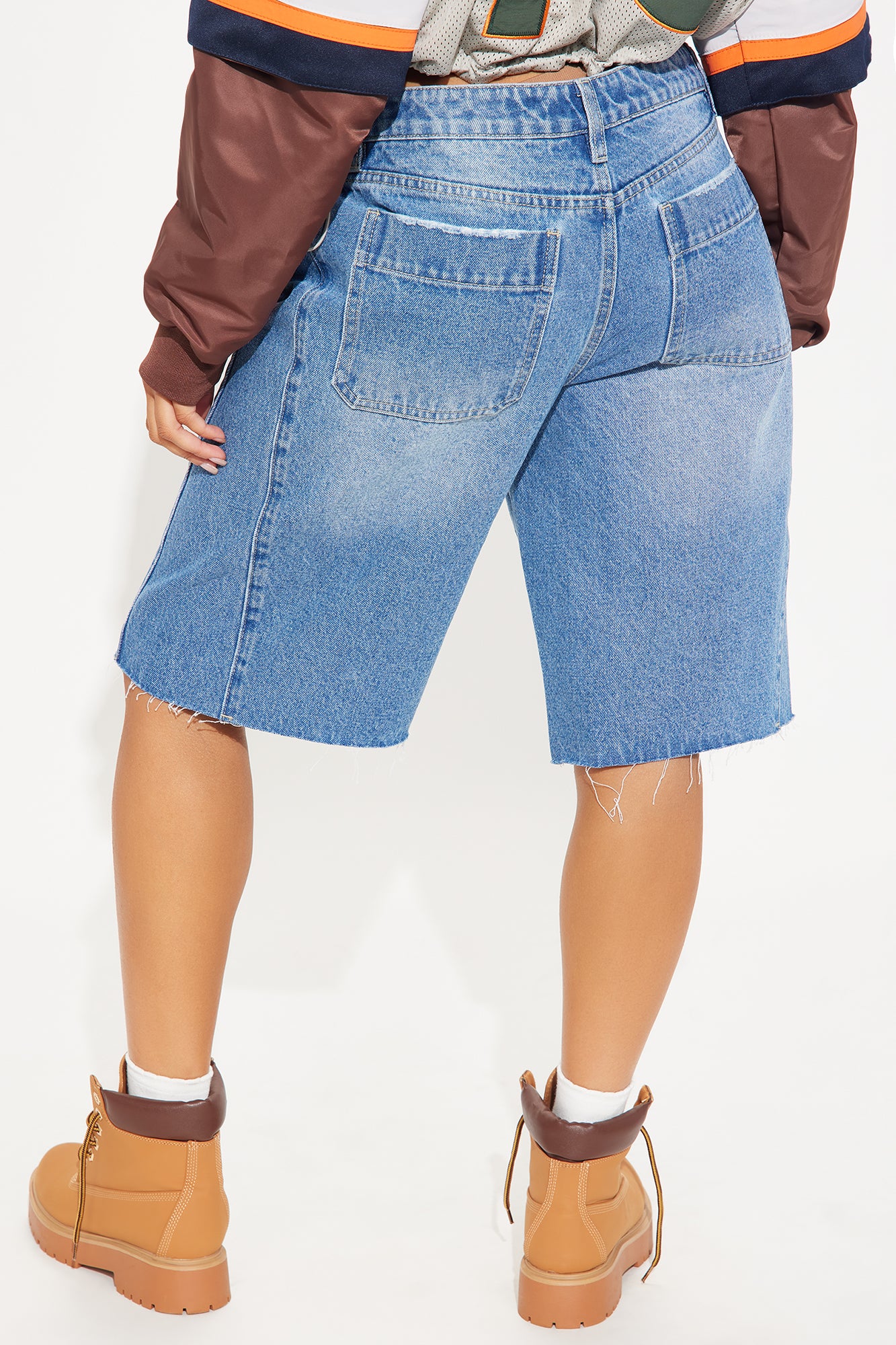 Carryn Non Stretch Crossover Waistband Denim Jorts - Medium Wash
