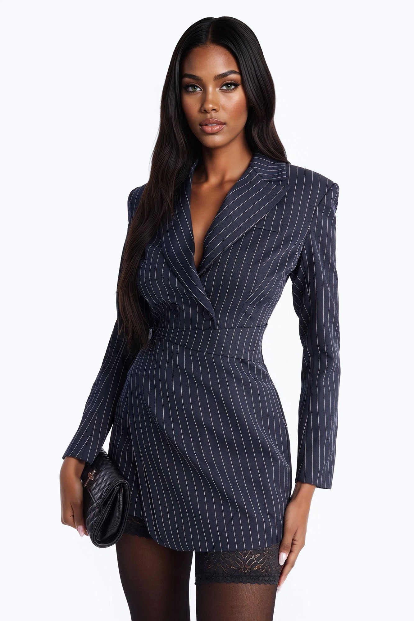 Reina Collar Pinstripe Blazer Mini Dress - Navy