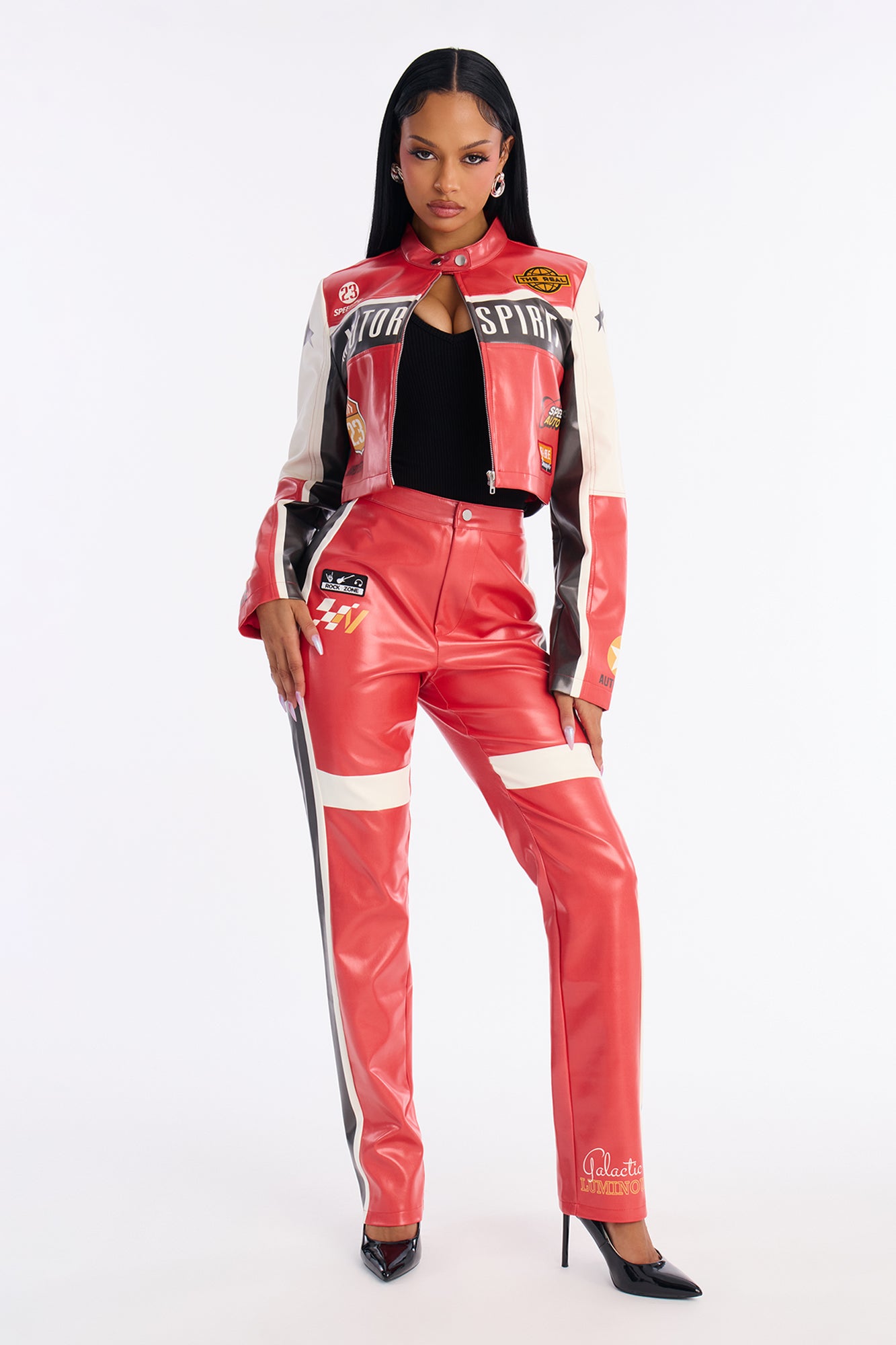 Motor Spirit Faux Leather Pant Set - Red/combo