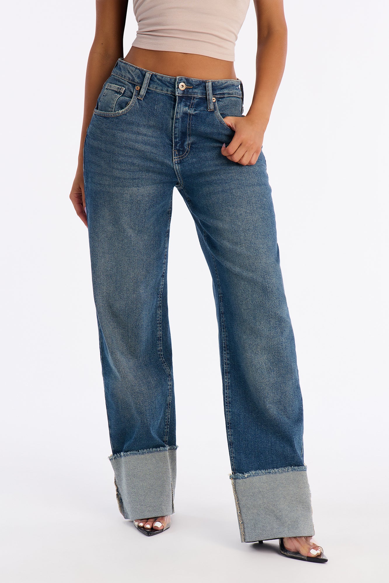 More To Come Cuffed Wide Leg Jeans - Dark Wash