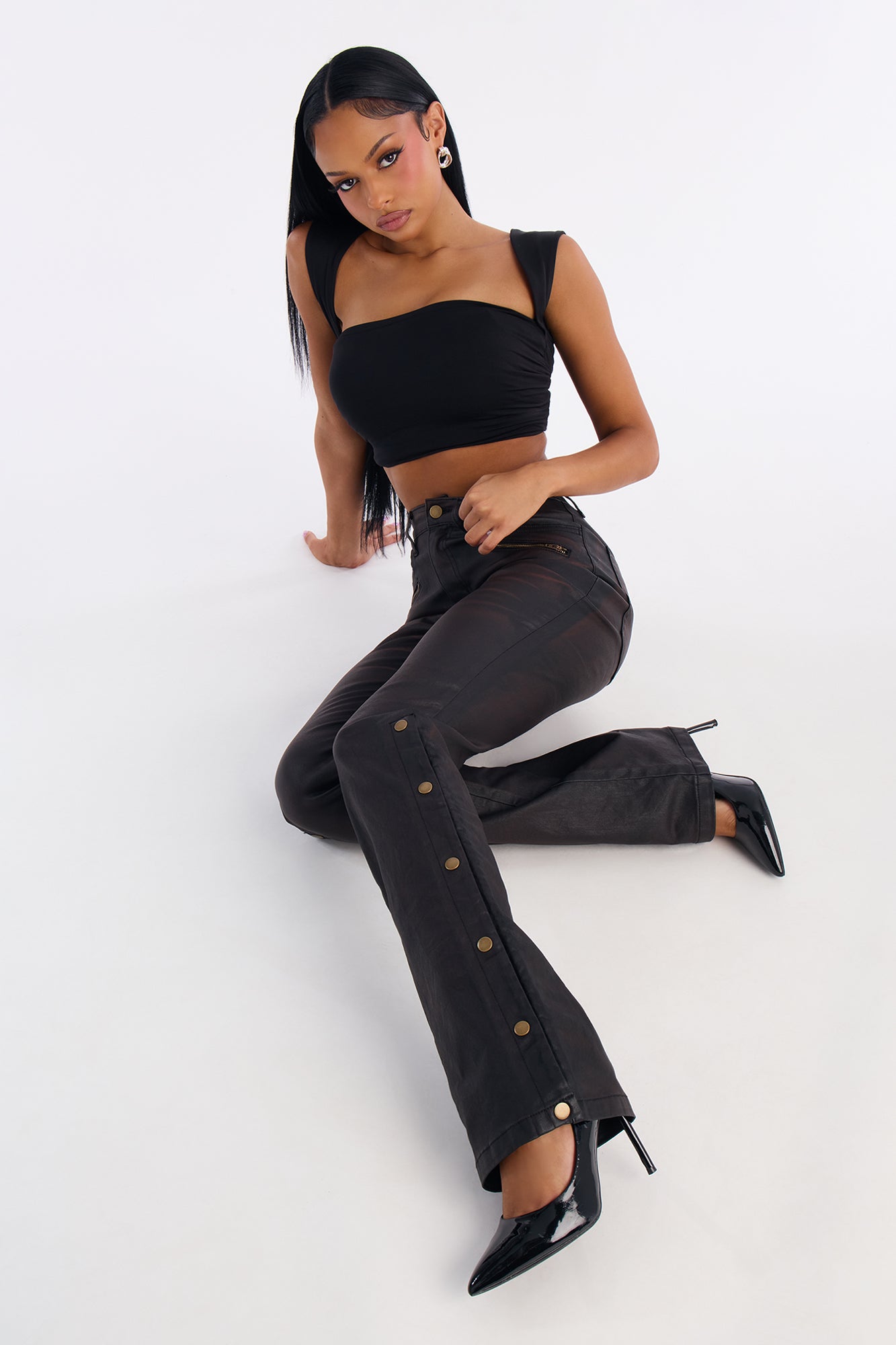 The Backbeat Coated Denim Bootcut Jeans - Black/Brown