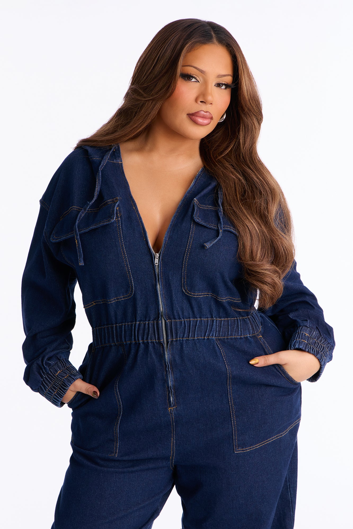 Faye Hooded Denim Jumpsuit - Dark Wash