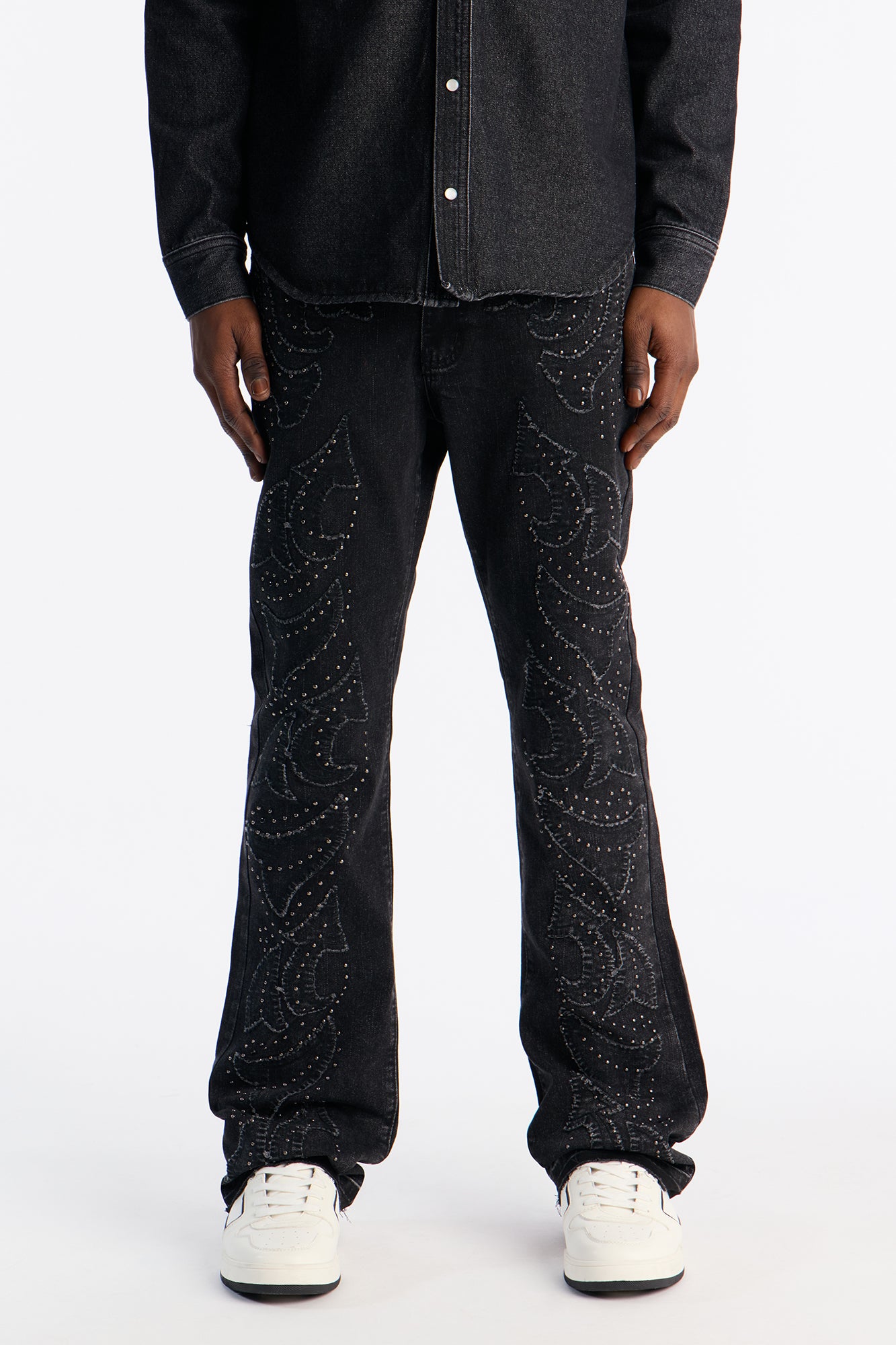 Stacked Skinny Flare Paisley Patch Jeweled Jean - Grey