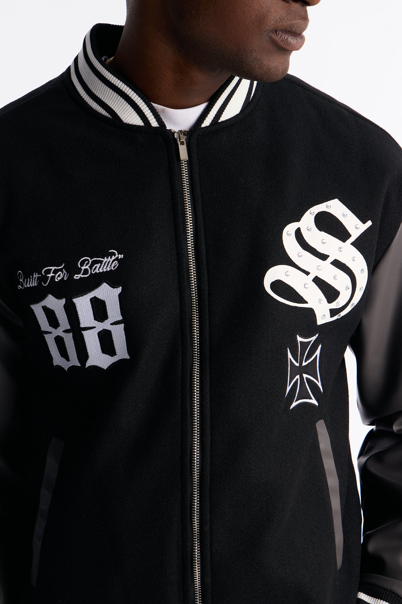Grace Found Me Rhinestone Varsity Jacket - Black