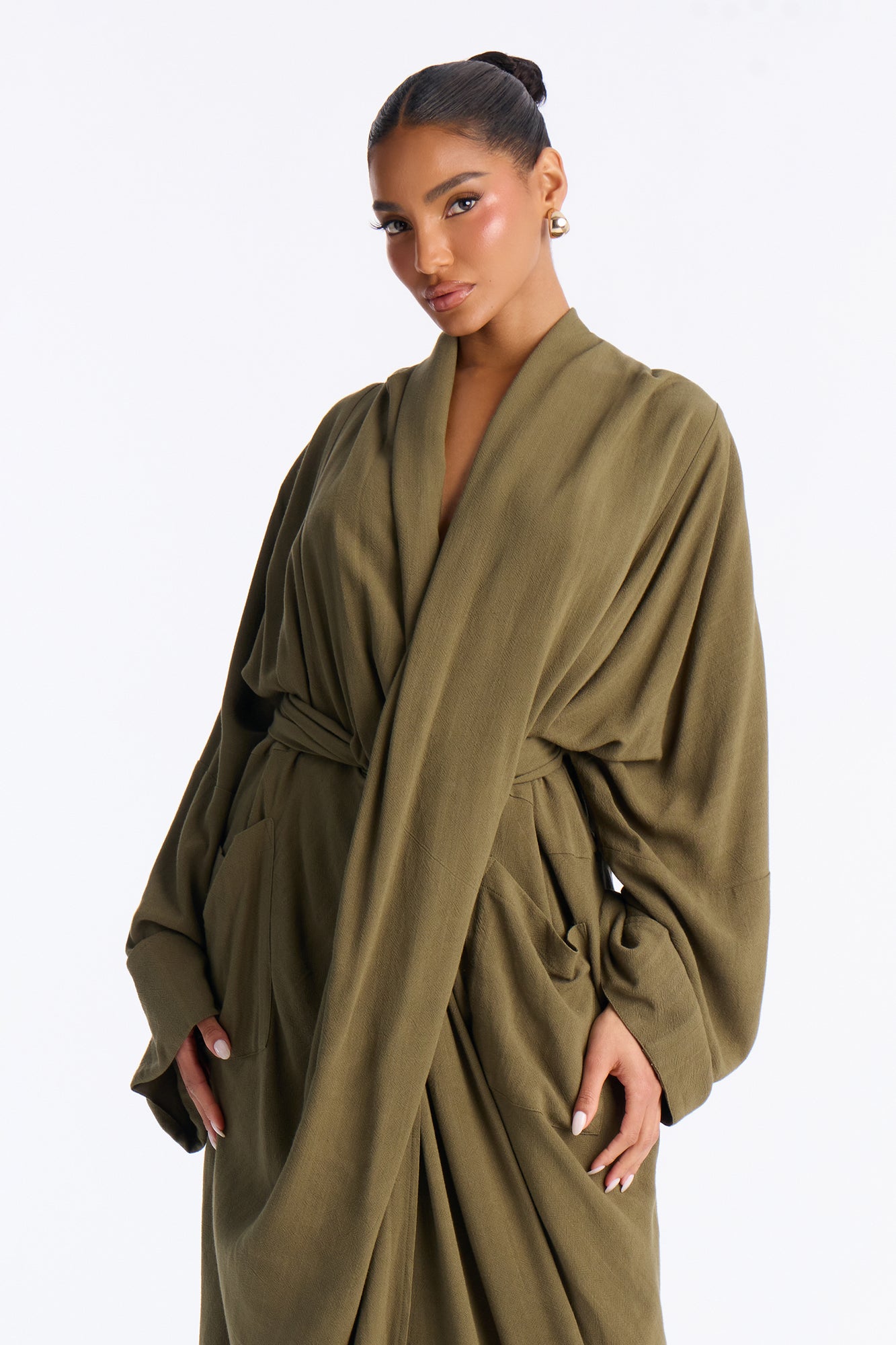 Renee Draped Linen Pant Set - Olive