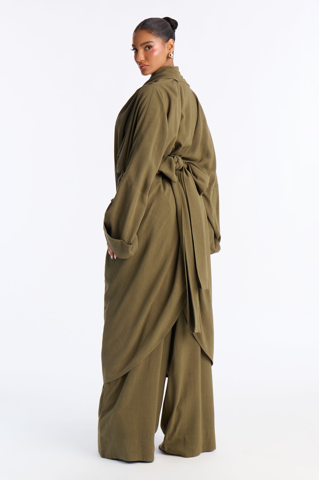 Renee Draped Linen Pant Set - Olive