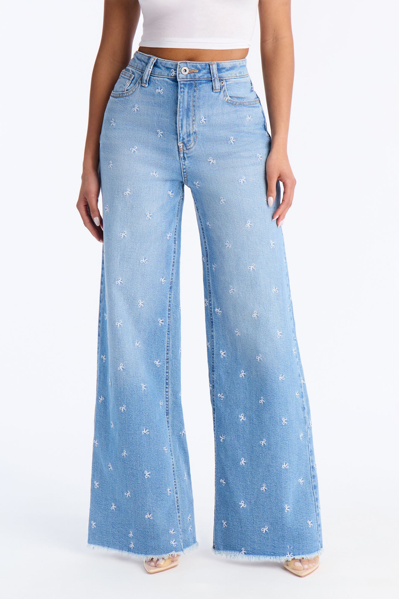 Bow Embroidered Wide Leg Jeans - Medium Wash