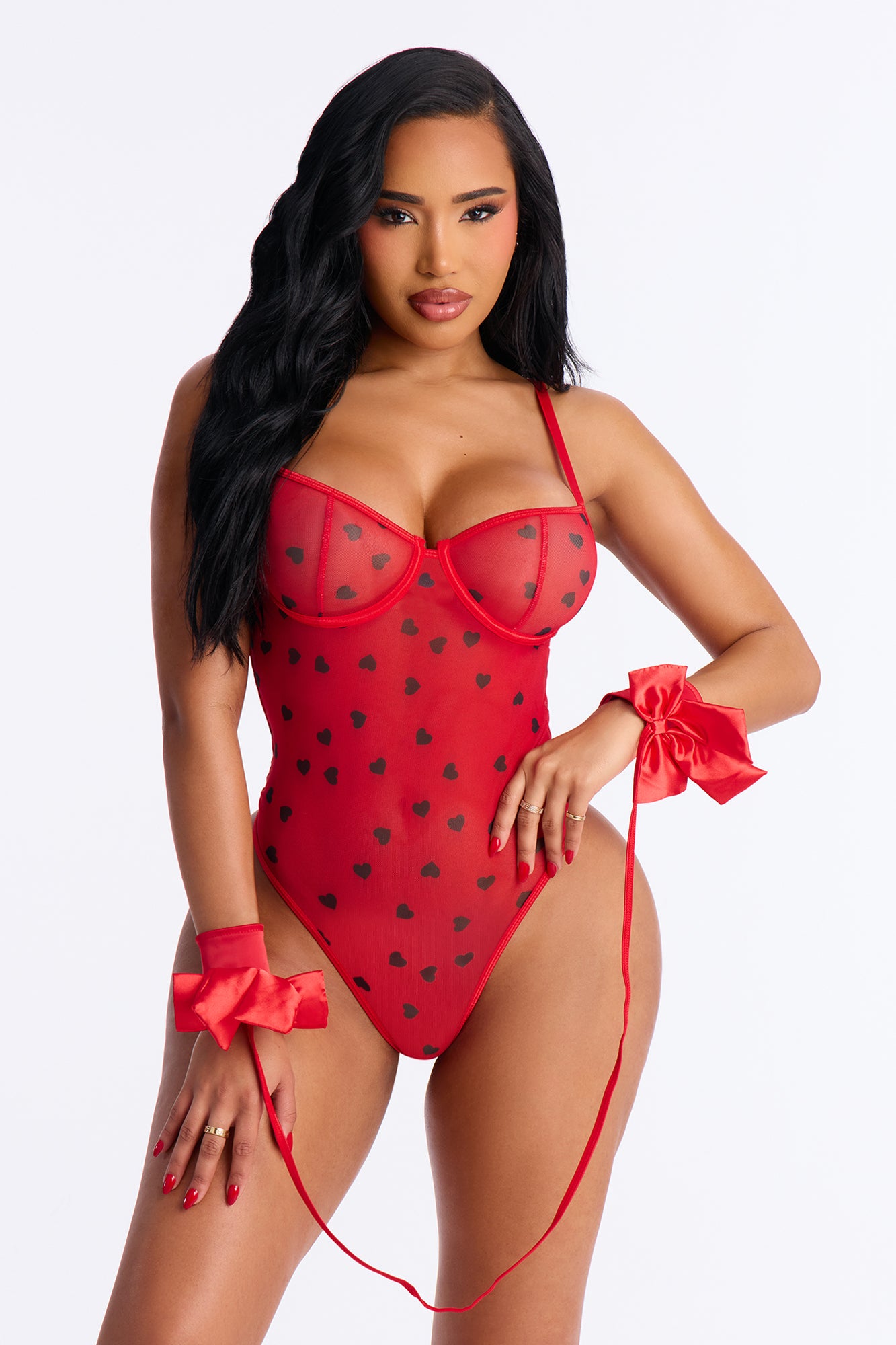 Kim Heart Throb Mesh Teddy & Cuff Set - Red/combo