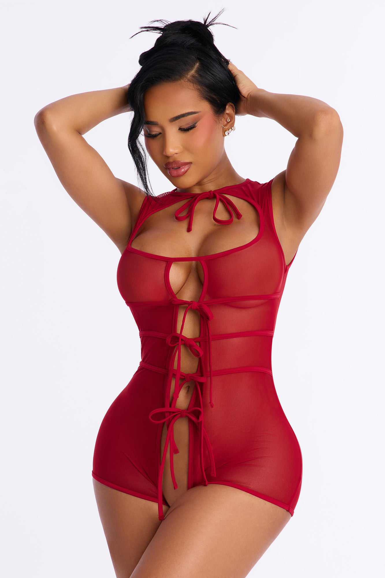 Always Close To You Sheer Crotchless Romper - Burgundy
