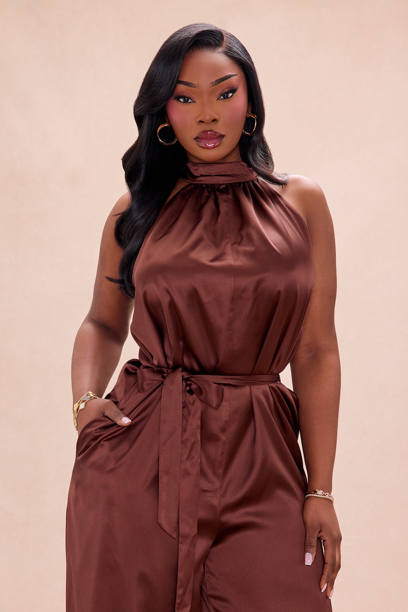 Sylvie Balloon Pant Satin Jumpsuit - Chocolate