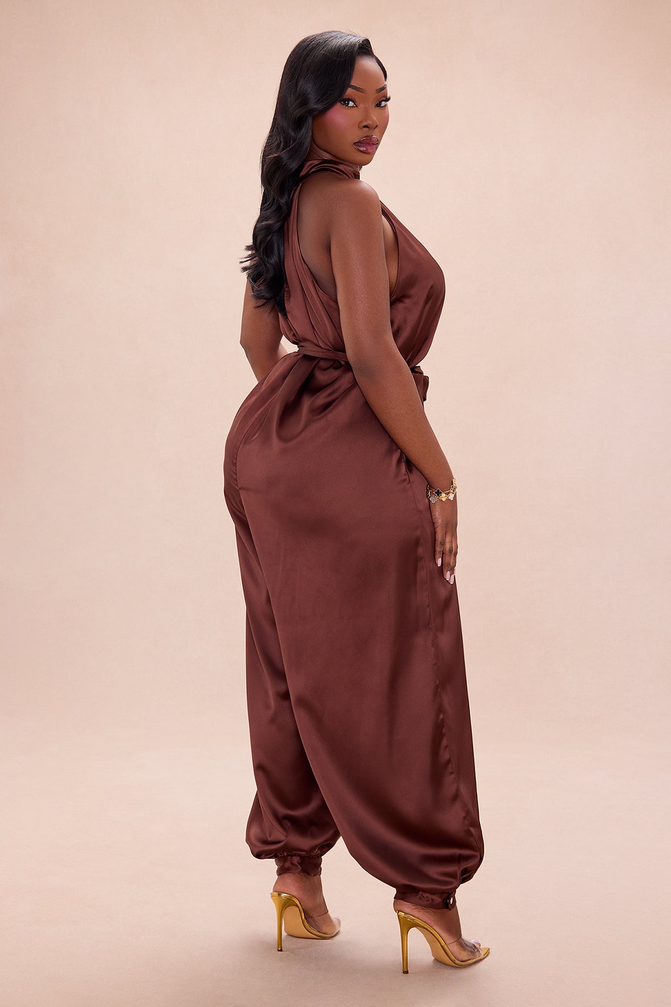 Sylvie Balloon Pant Satin Jumpsuit - Chocolate
