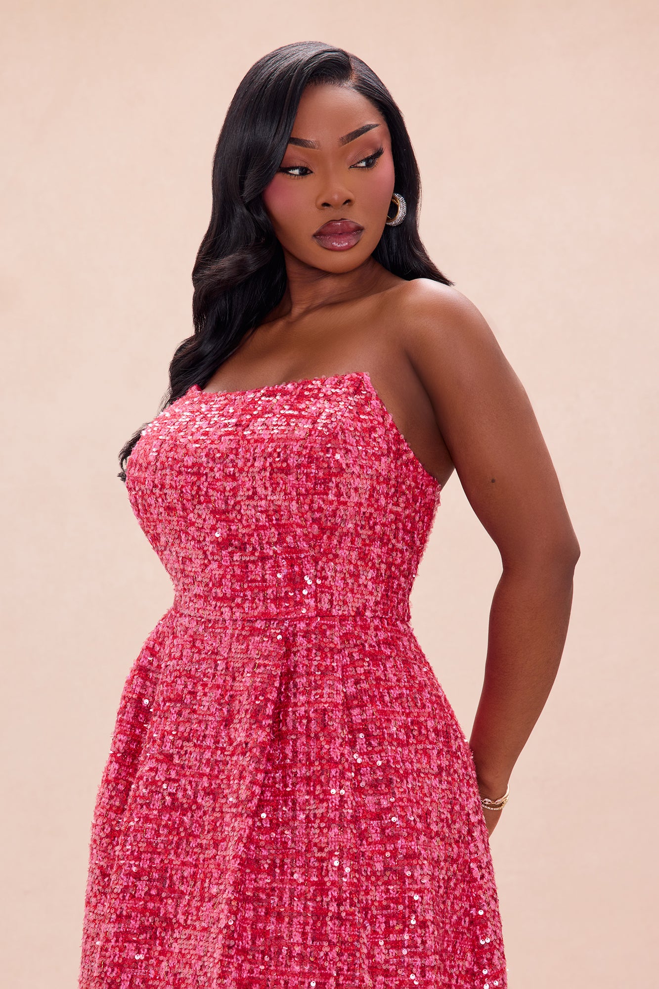 Margot Embellished Tweed Midi Dress - Hot Pink