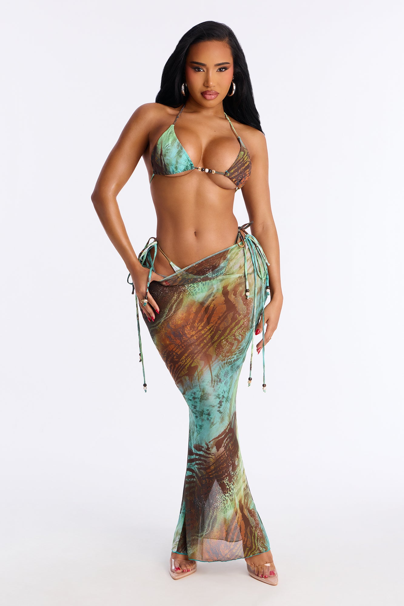 Chantel 3 Piece Bikini And Sarong Set - Green/combo