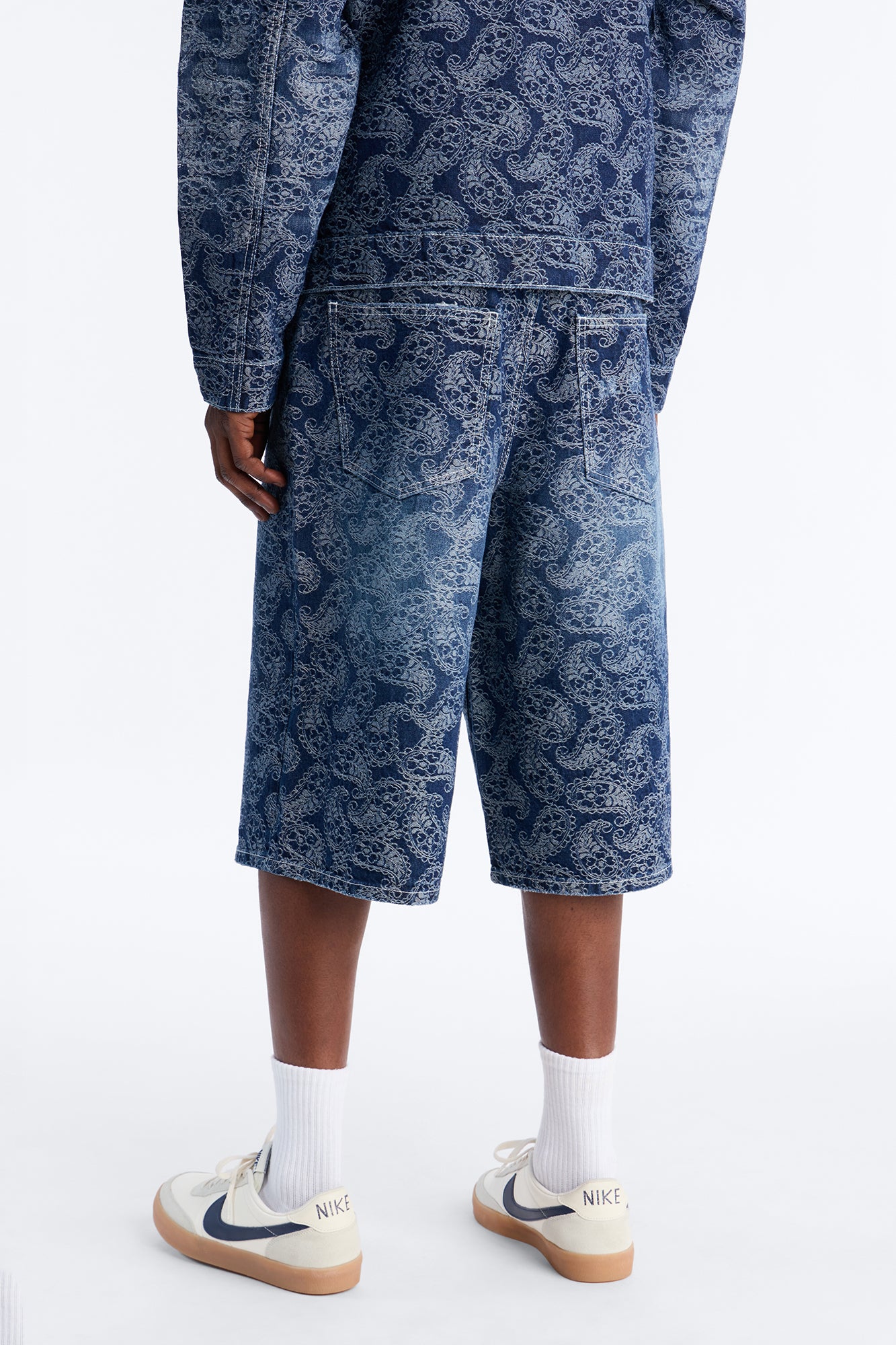 Baggy Paisley Jacquard Denim Short - Dark Wash