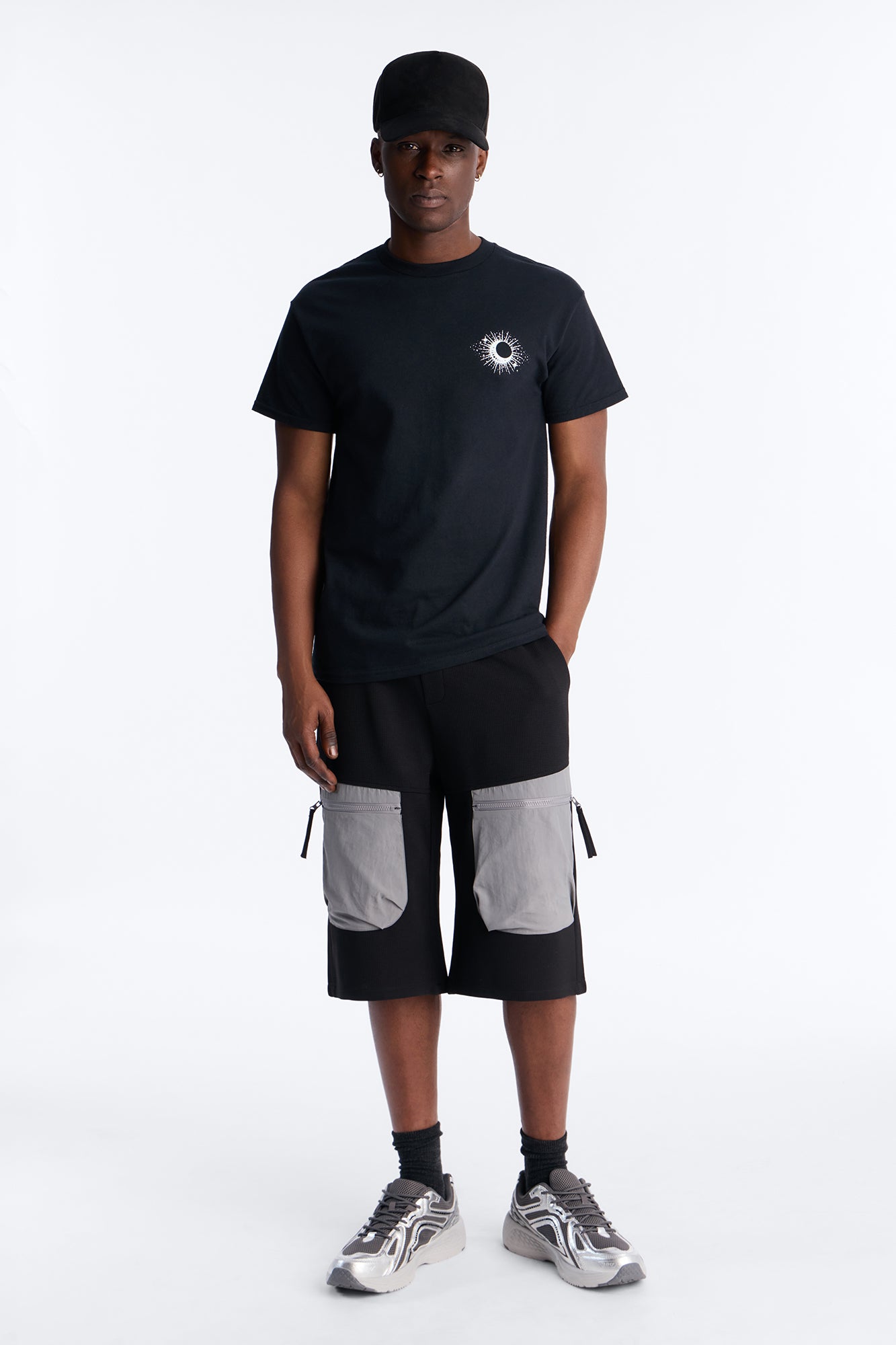 Relaxed Asymmetrical Waffle Tech Short - Black