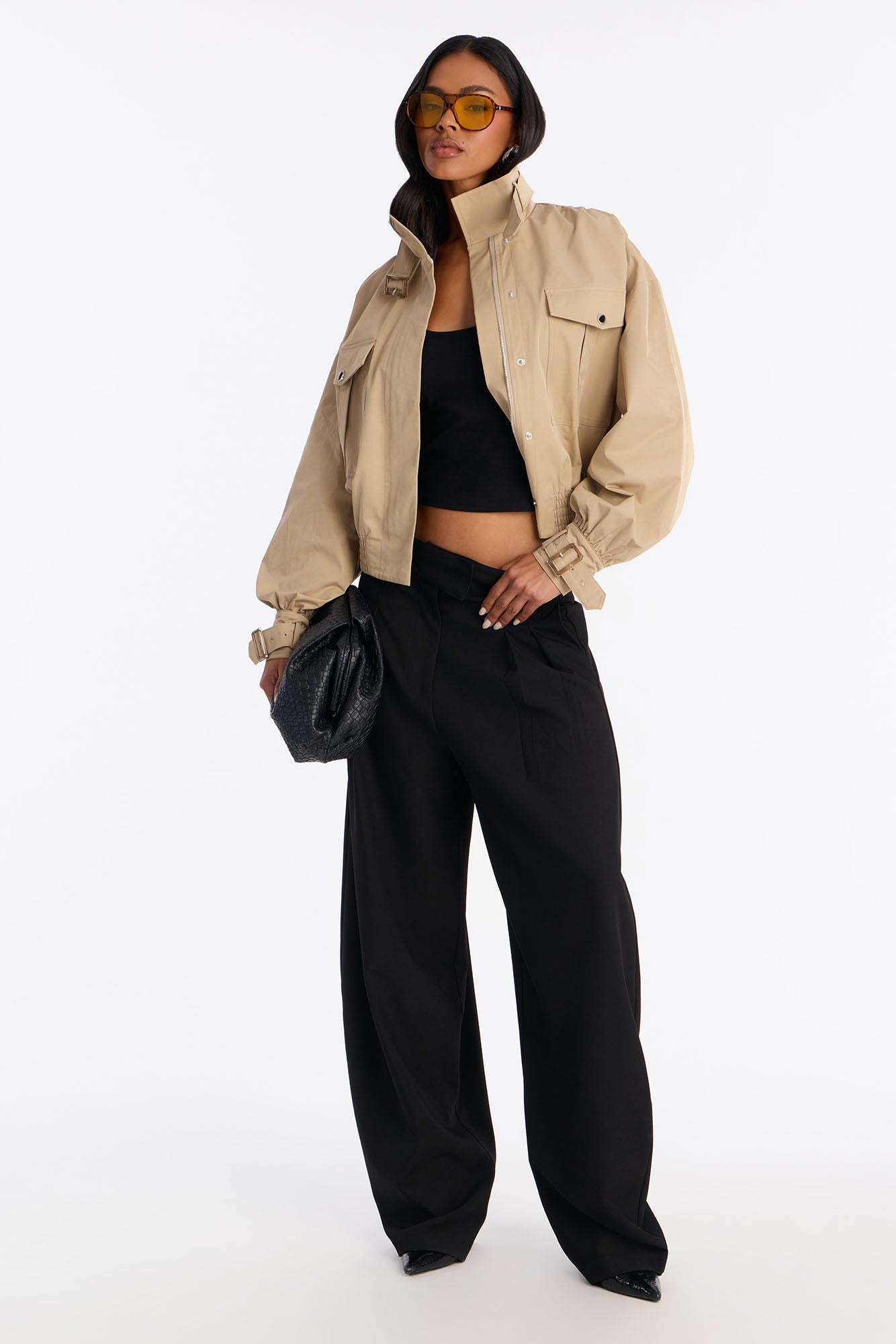 Gracelle Lightweight Twill Funnel Neck Bomber Jacket - Khaki