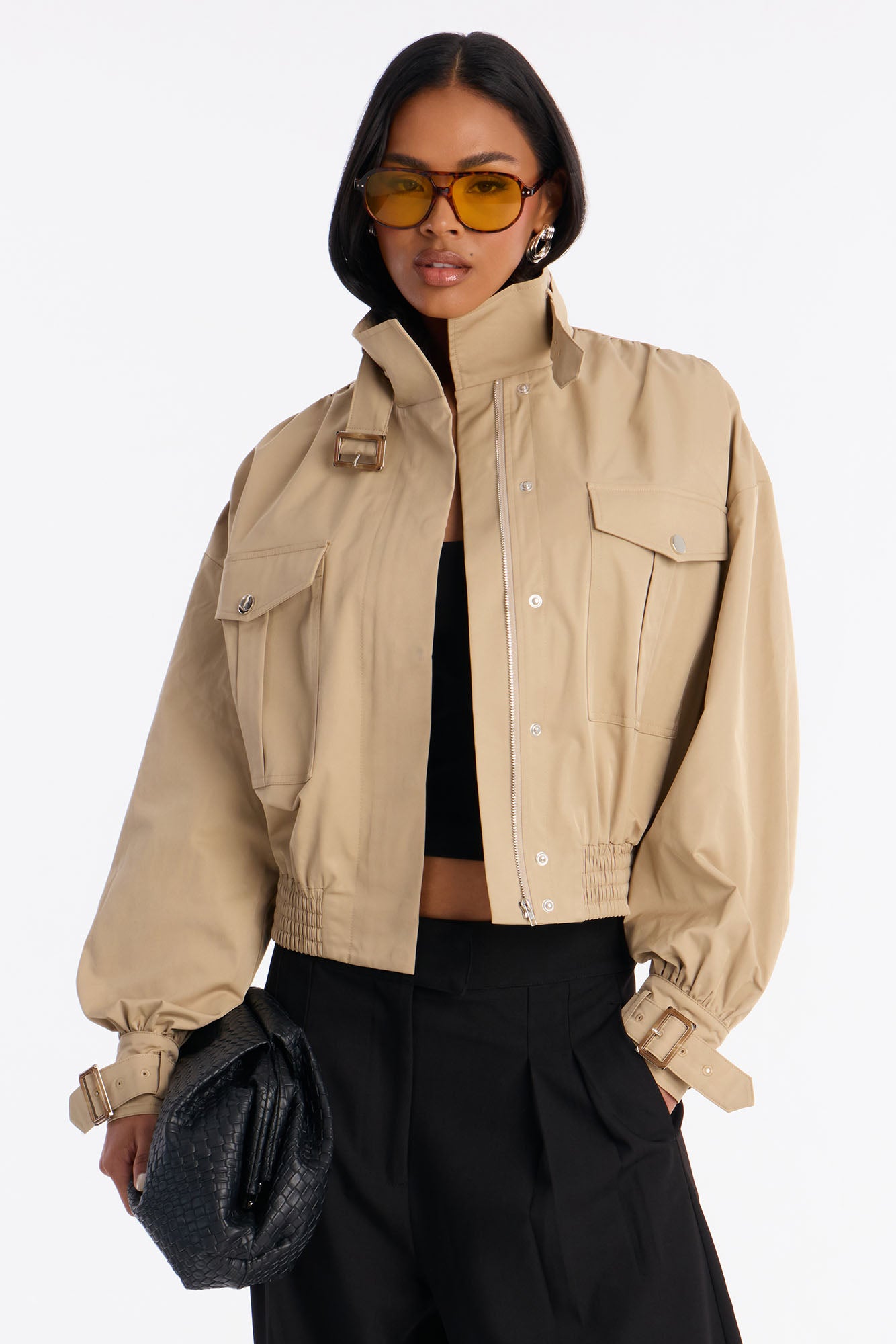 Gracelle Lightweight Twill Funnel Neck Bomber Jacket - Khaki