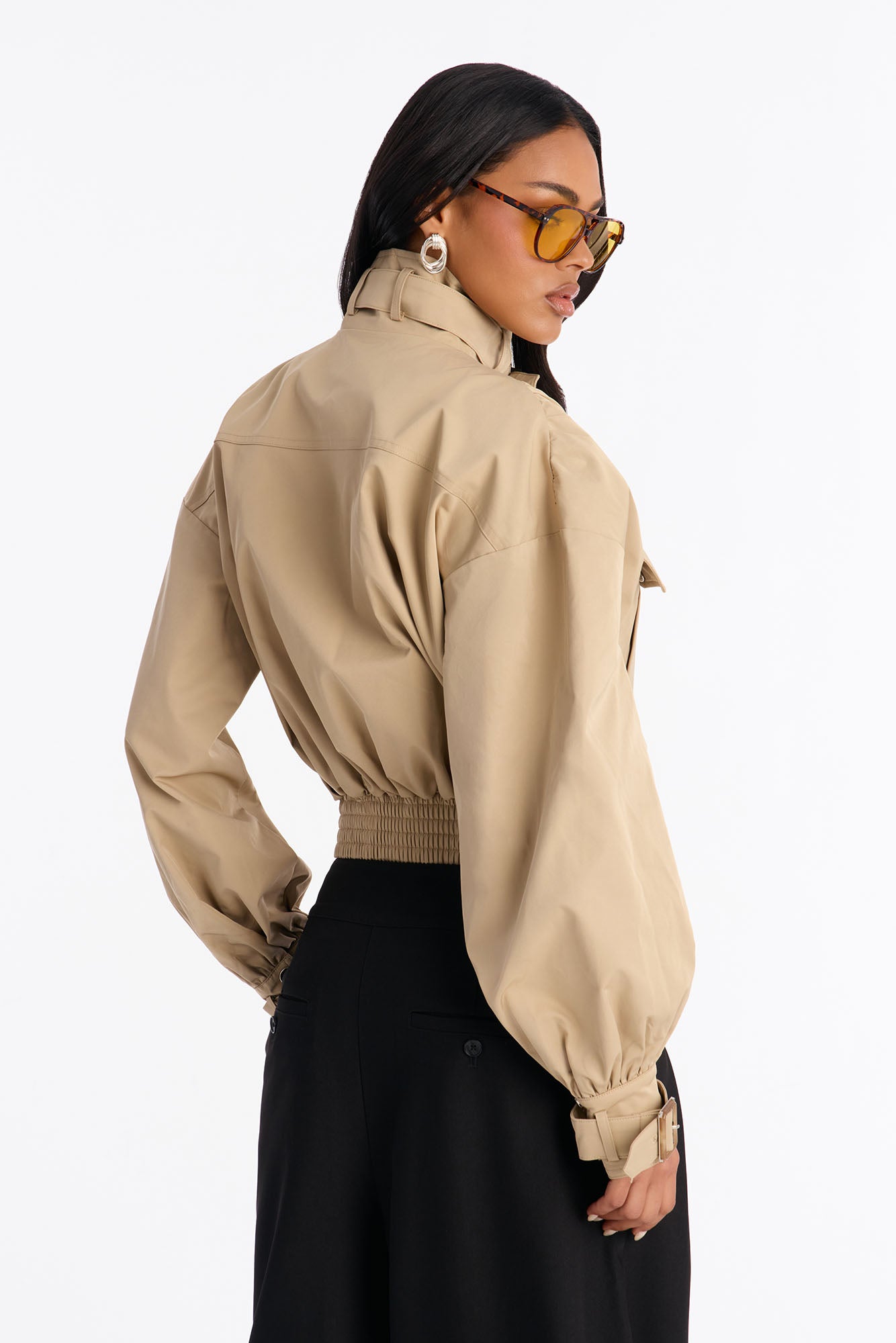 Gracelle Lightweight Twill Funnel Neck Bomber Jacket - Khaki