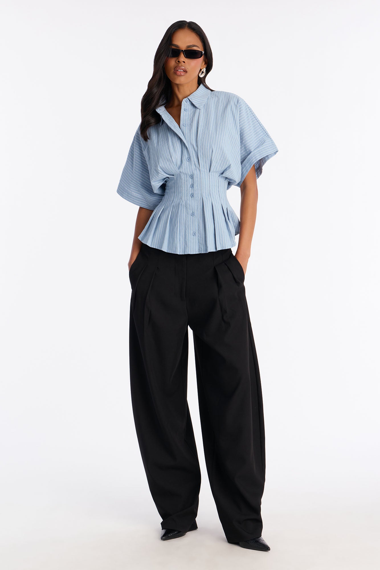 Take It Easy Pleated Stripe Linen Shirt - Blue/combo