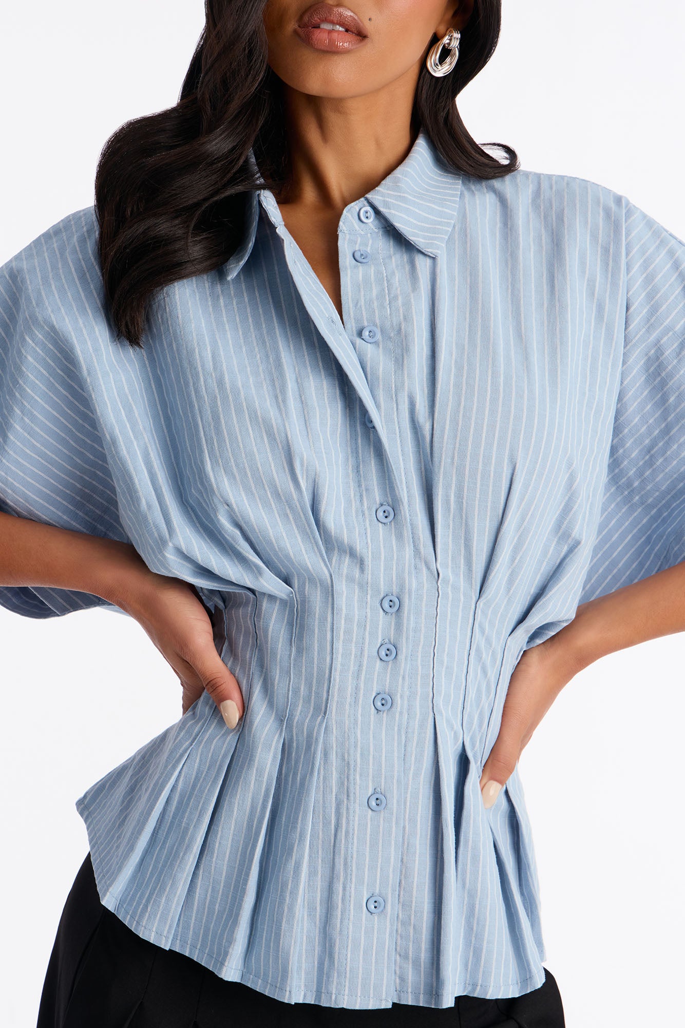 Take It Easy Pleated Stripe Linen Shirt - Blue/combo