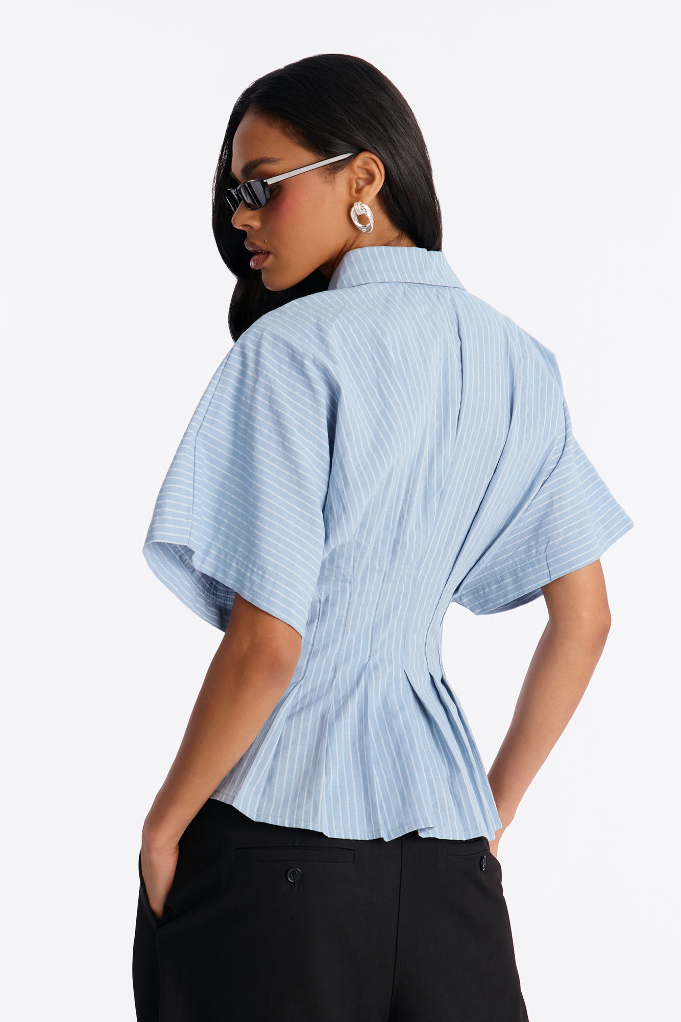 Take It Easy Pleated Stripe Linen Shirt - Blue/combo