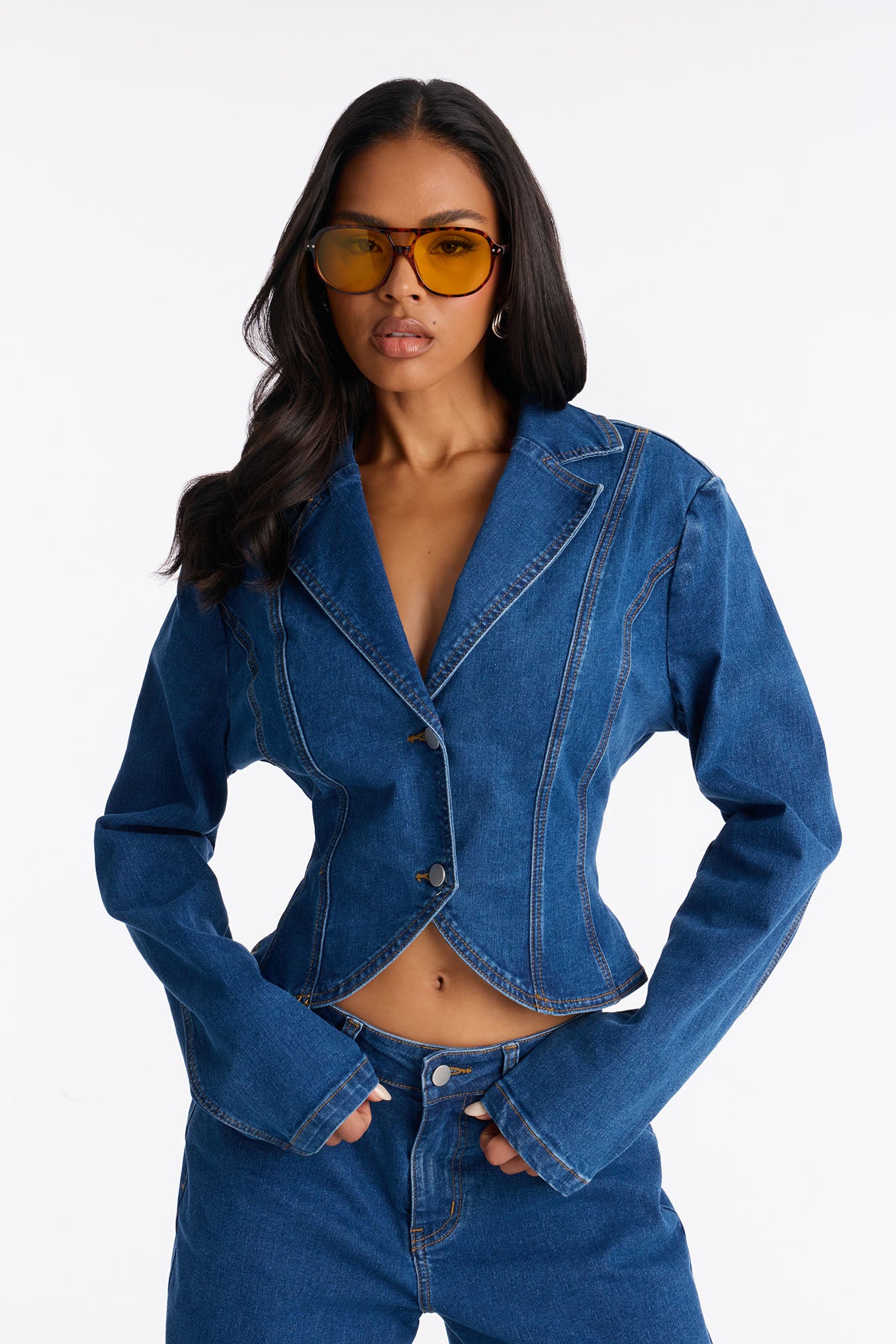Kasey Denim Blazer Pant Set - Blue Wash
