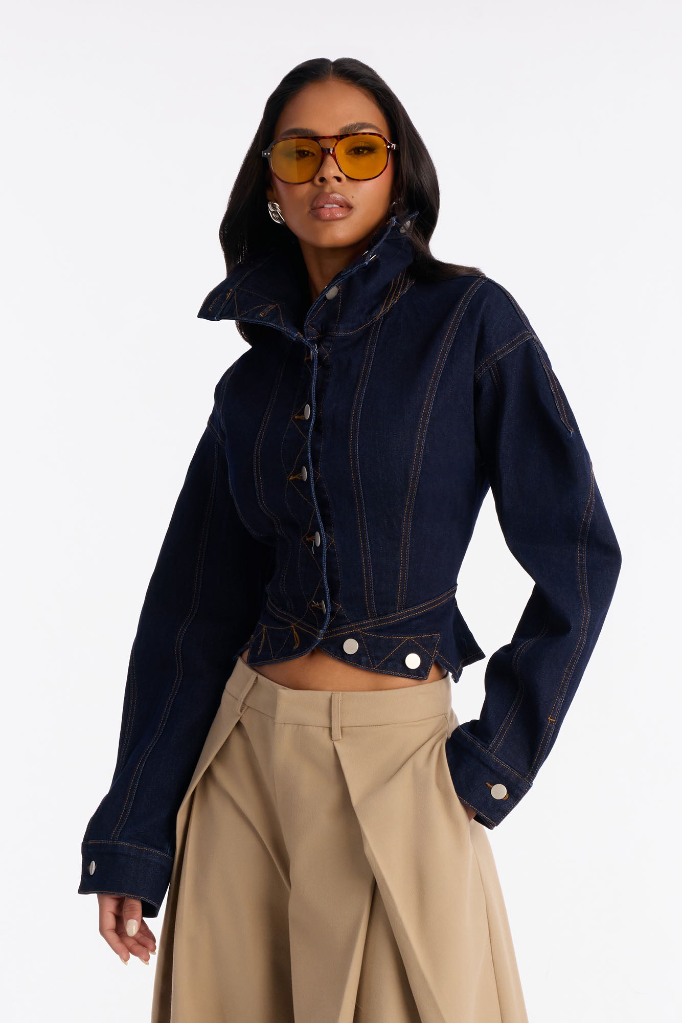 Hide You High Neck Denim Jacket - Dark Wash
