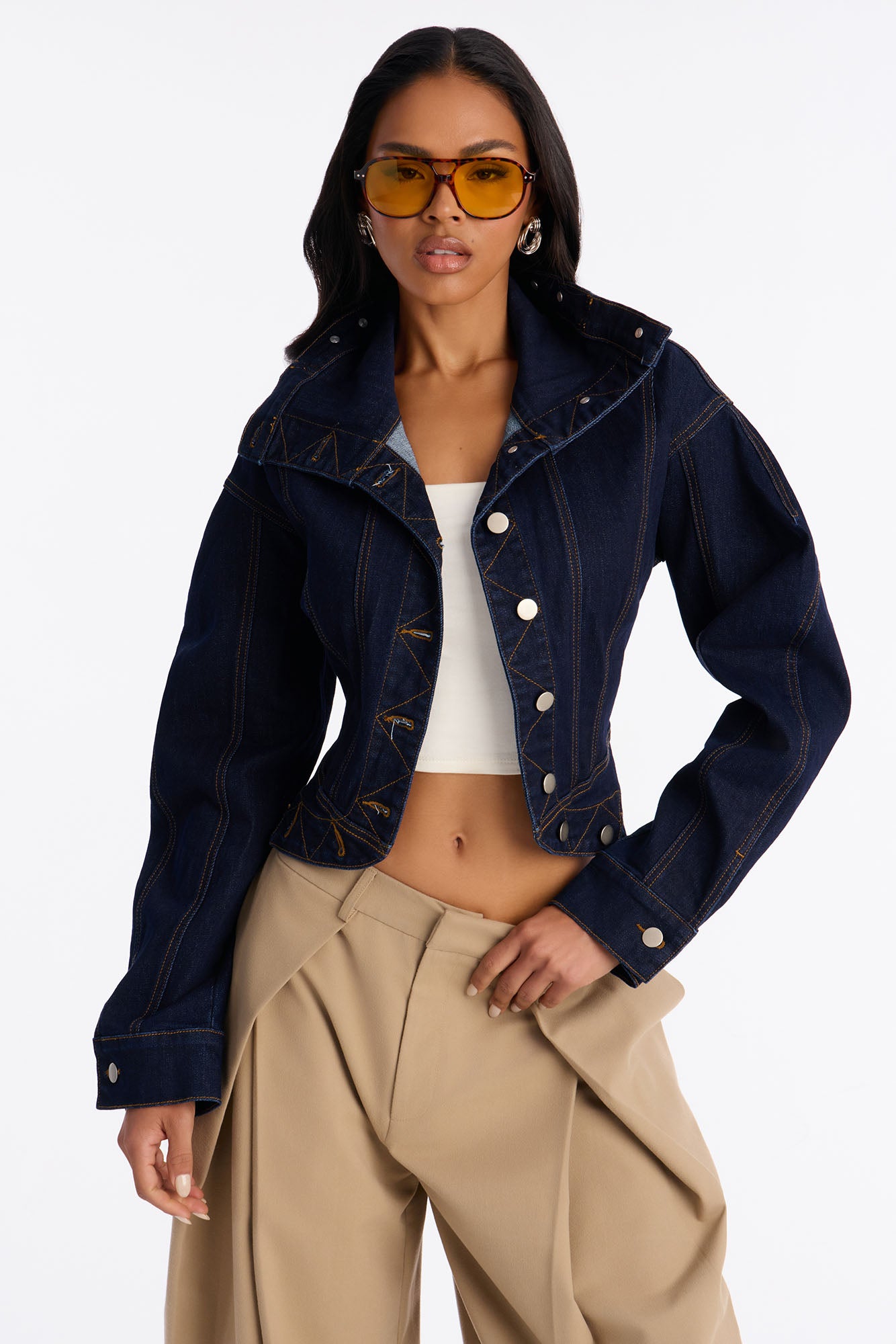 Hide You High Neck Denim Jacket - Dark Wash