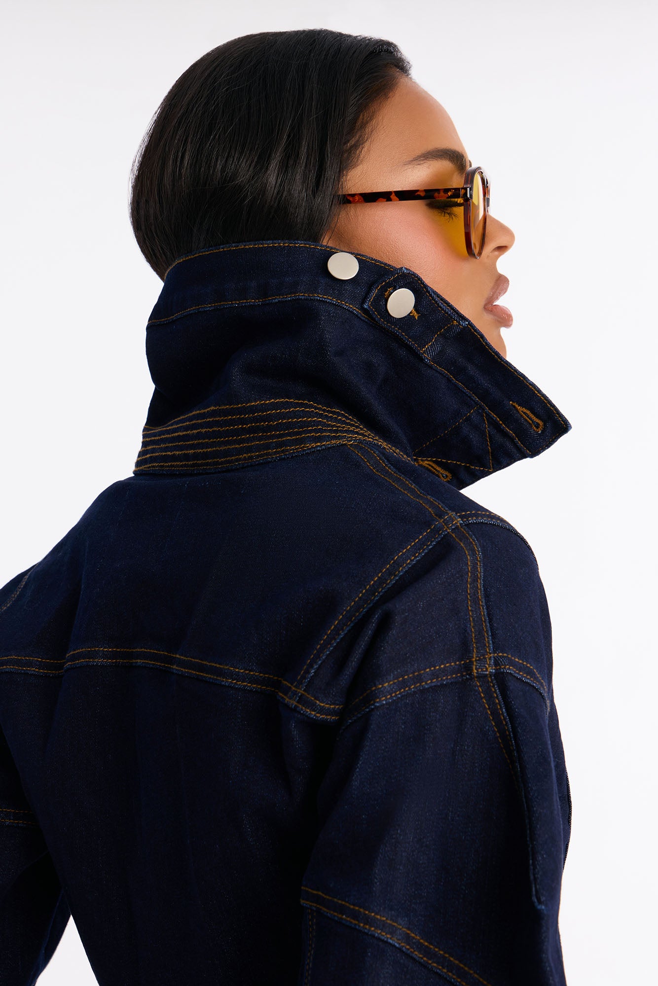 Hide You High Neck Denim Jacket - Dark Wash