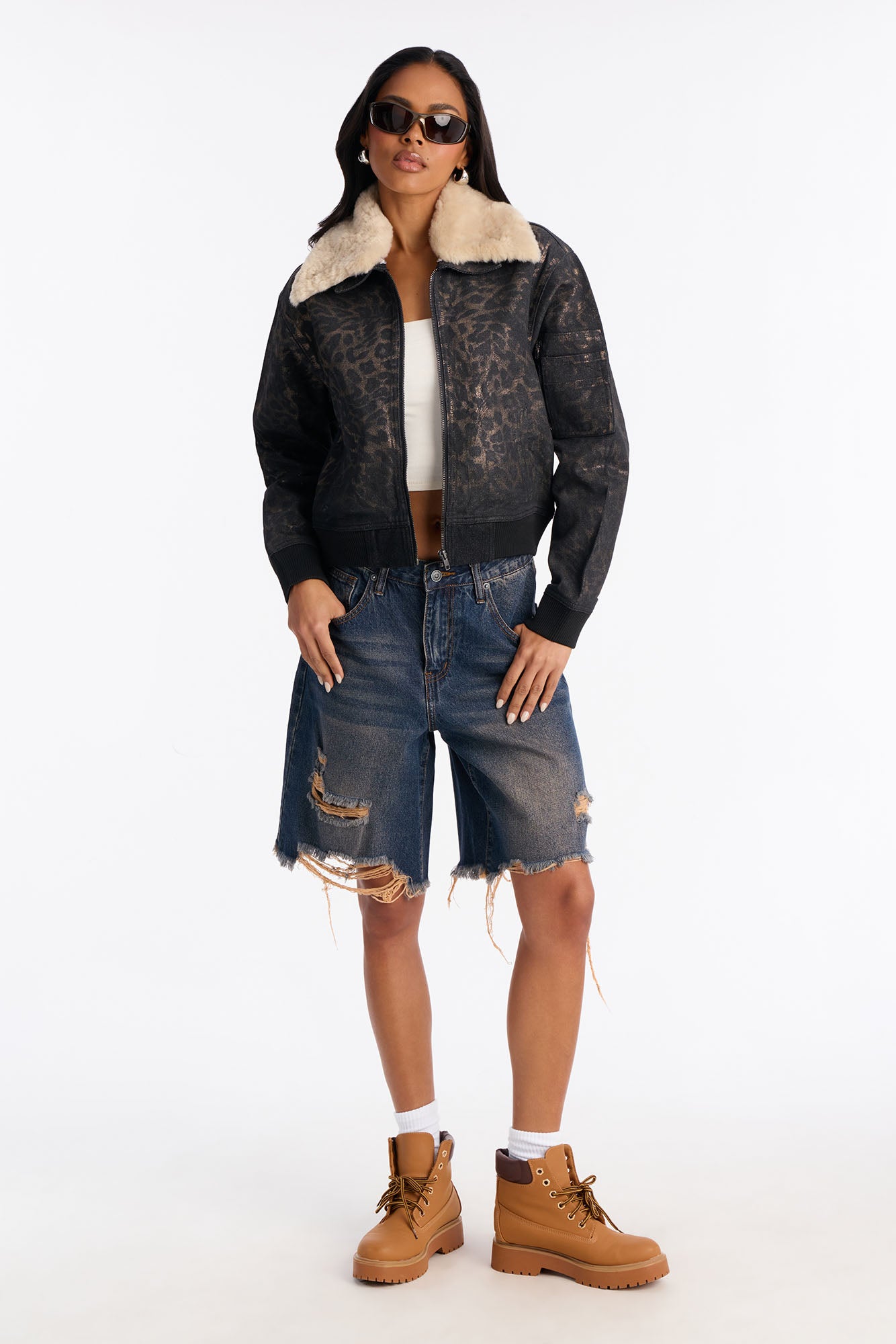 Lucky Leopard Denim Bomber Jacket - Black/combo