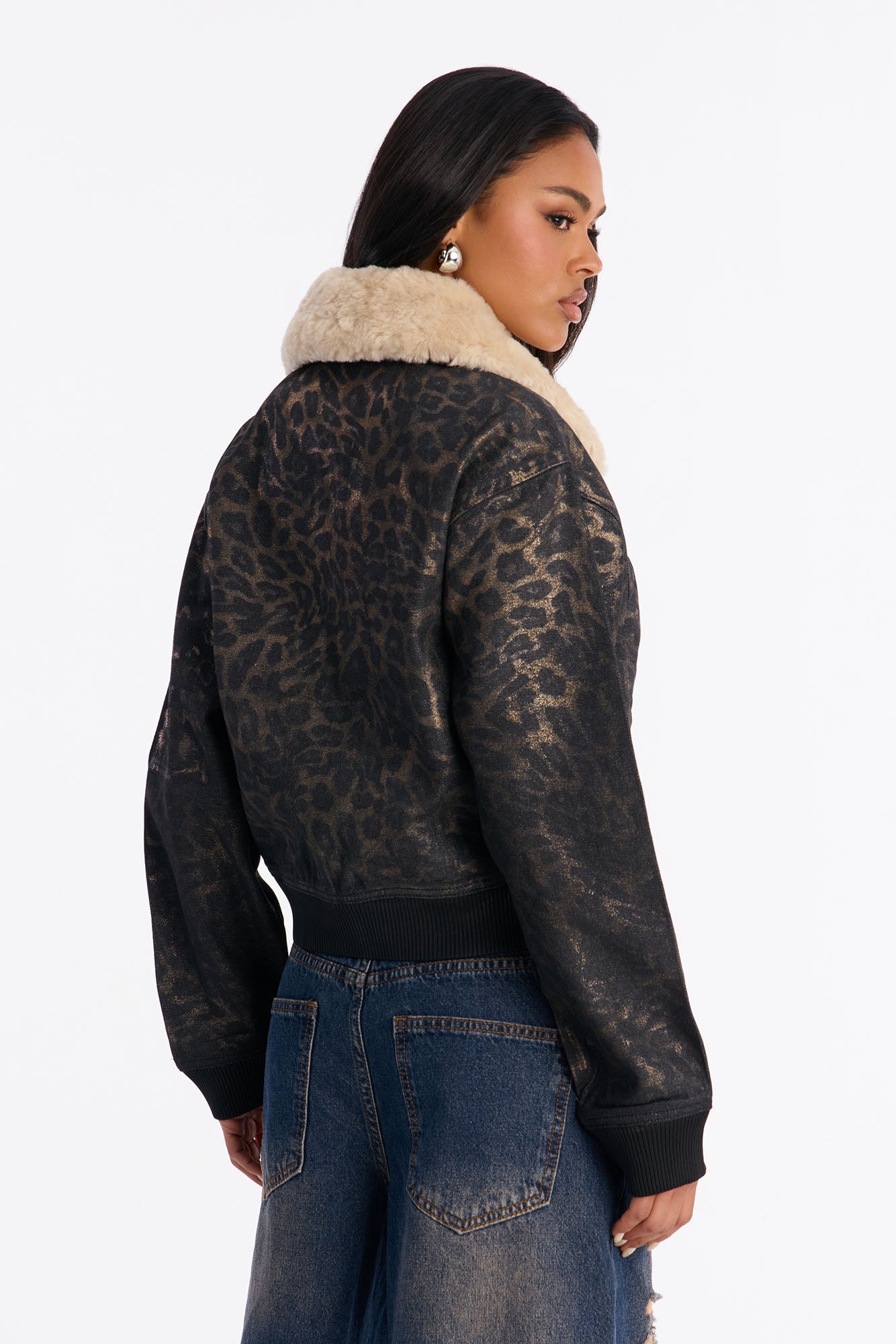 Lucky Leopard Denim Bomber Jacket - Black/combo