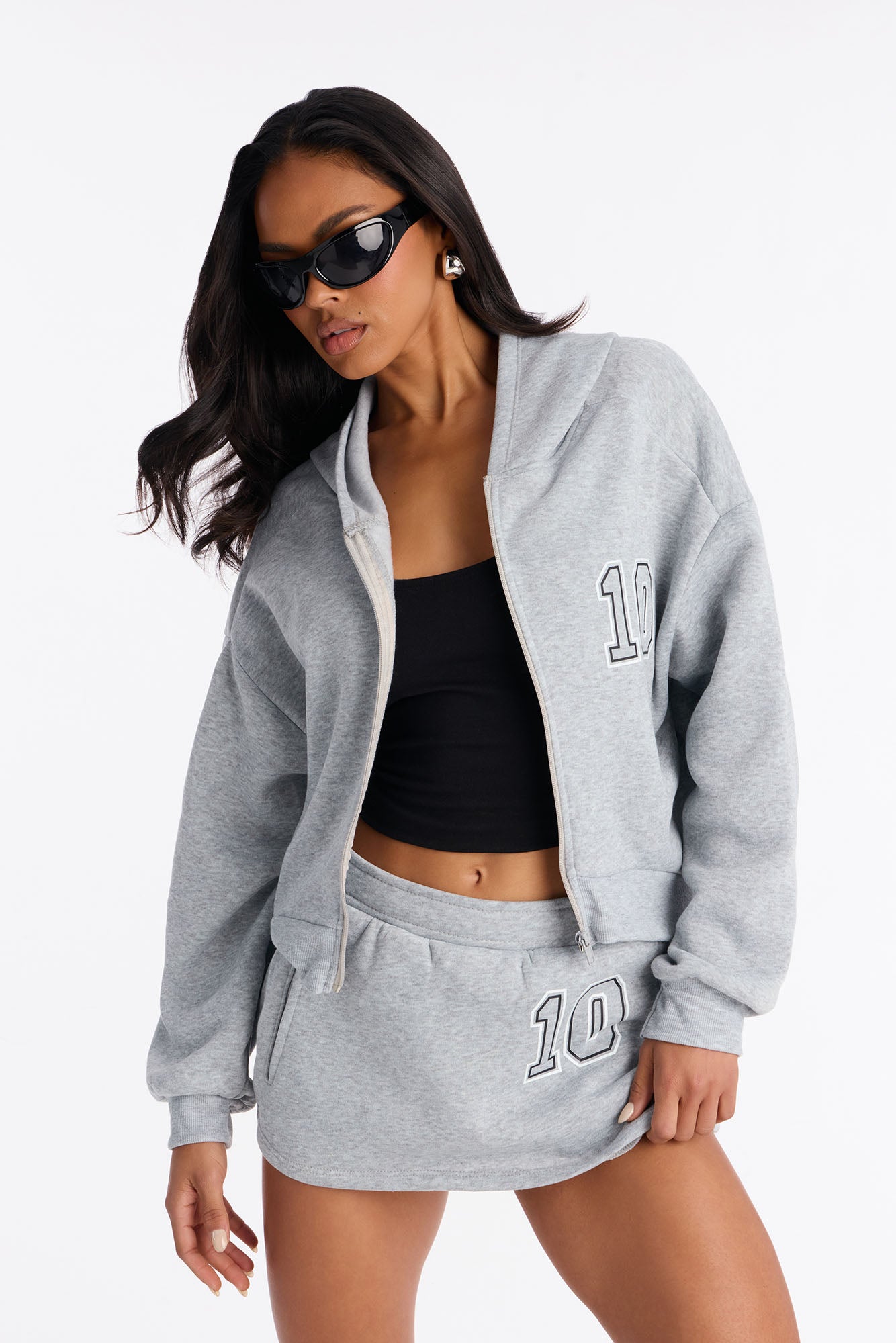 She's A Ten Zip Up Hoodie Mini Skirt Set - Heather Grey