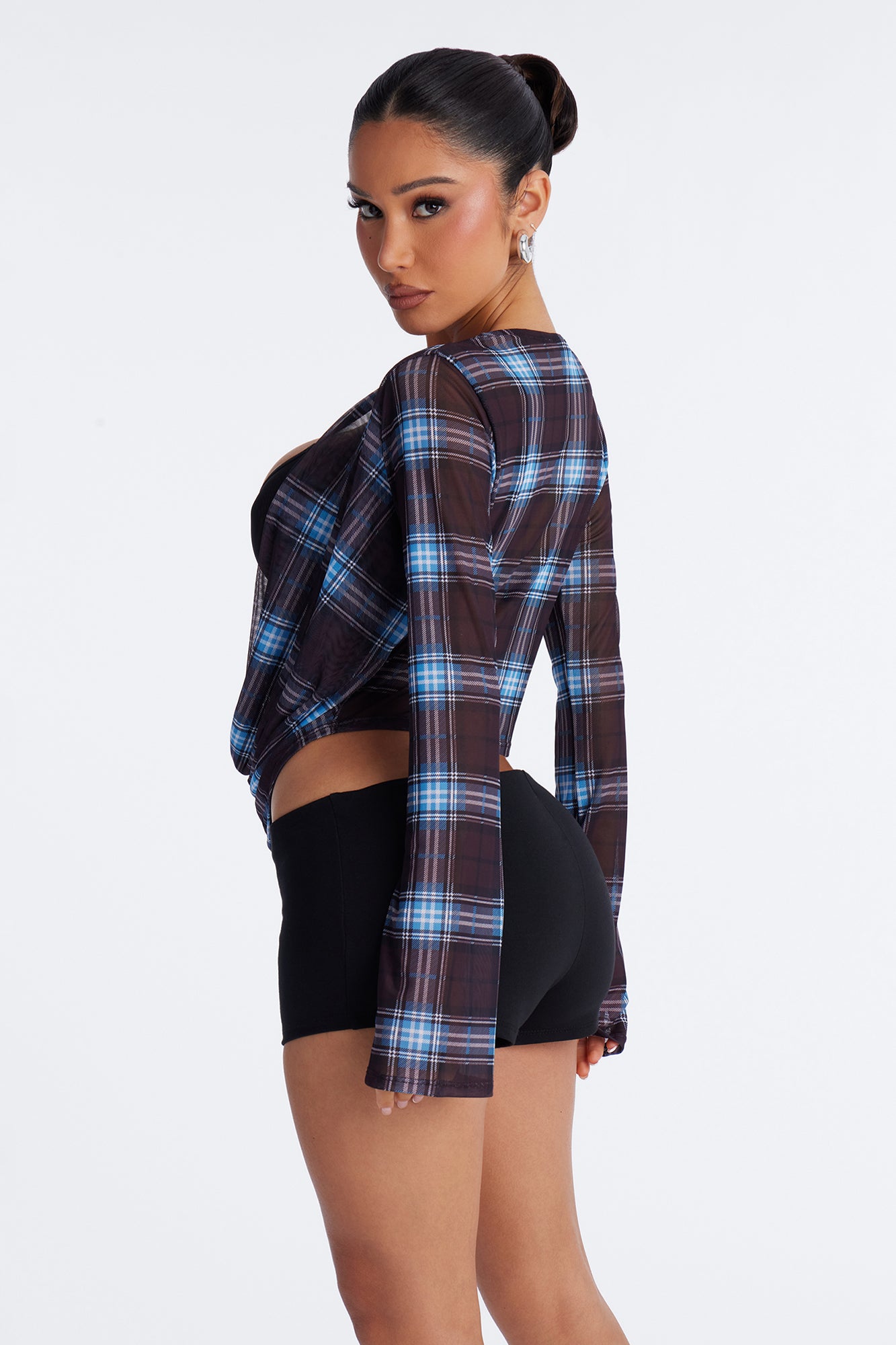 Ronnie Plaid Mesh Deep Cowl Neck Long Sleeve Top - Blue/combo